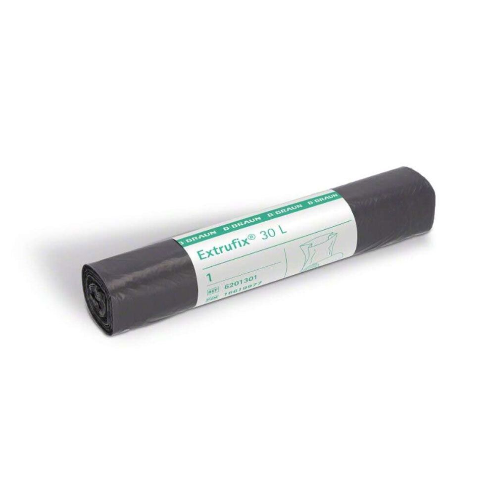 Sac poubelle Extrudix® 15 L. Rouleau de sacs gris. Étiquette blanche avec informations.