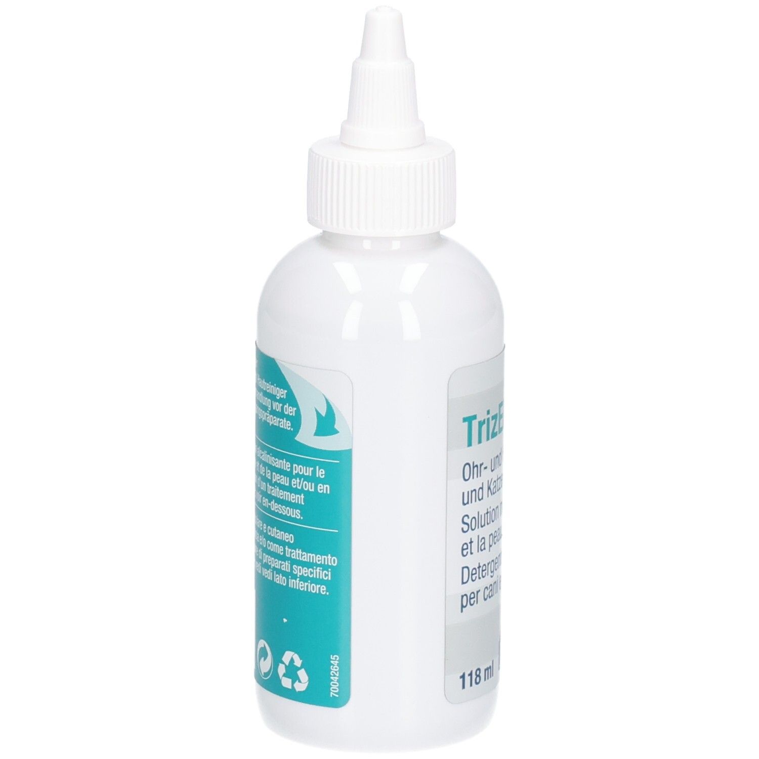 Flacon blanc avec étiquette bleue. Inscription : TrizEDTA Nettoyant pour oreilles et peau. Pour chiens et chats. Code-barres.