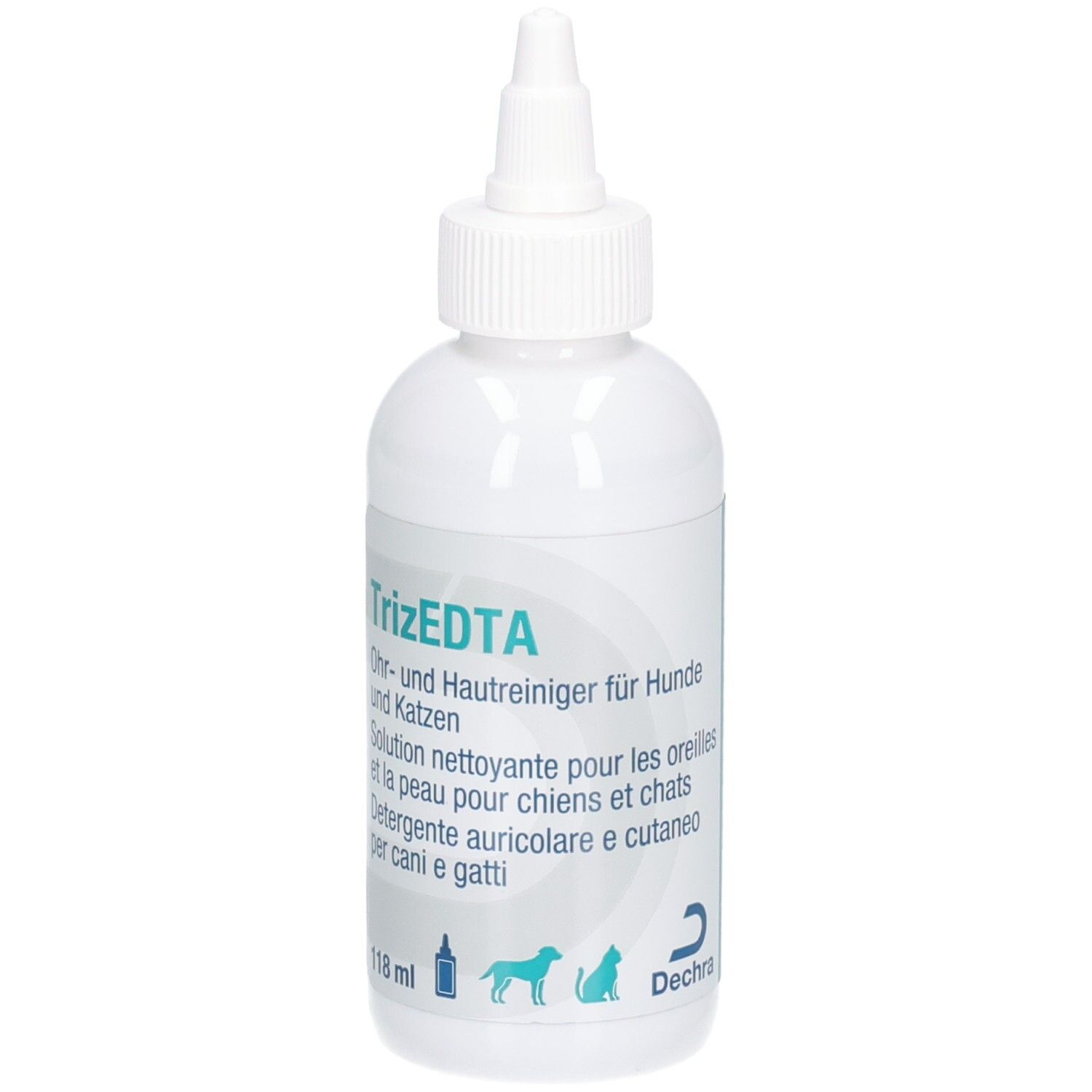 Flacon blanc avec étiquette bleue. Inscription : TrizEDTA Nettoyant pour oreilles et peau. Pour chiens et chats. 118 ml. Logo Dechra.
