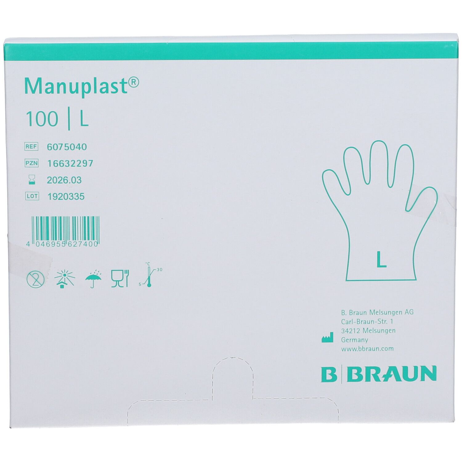 Boîte de gants Manuplast® taille L. Logo de la main. Informations du fabricant B. Braun.