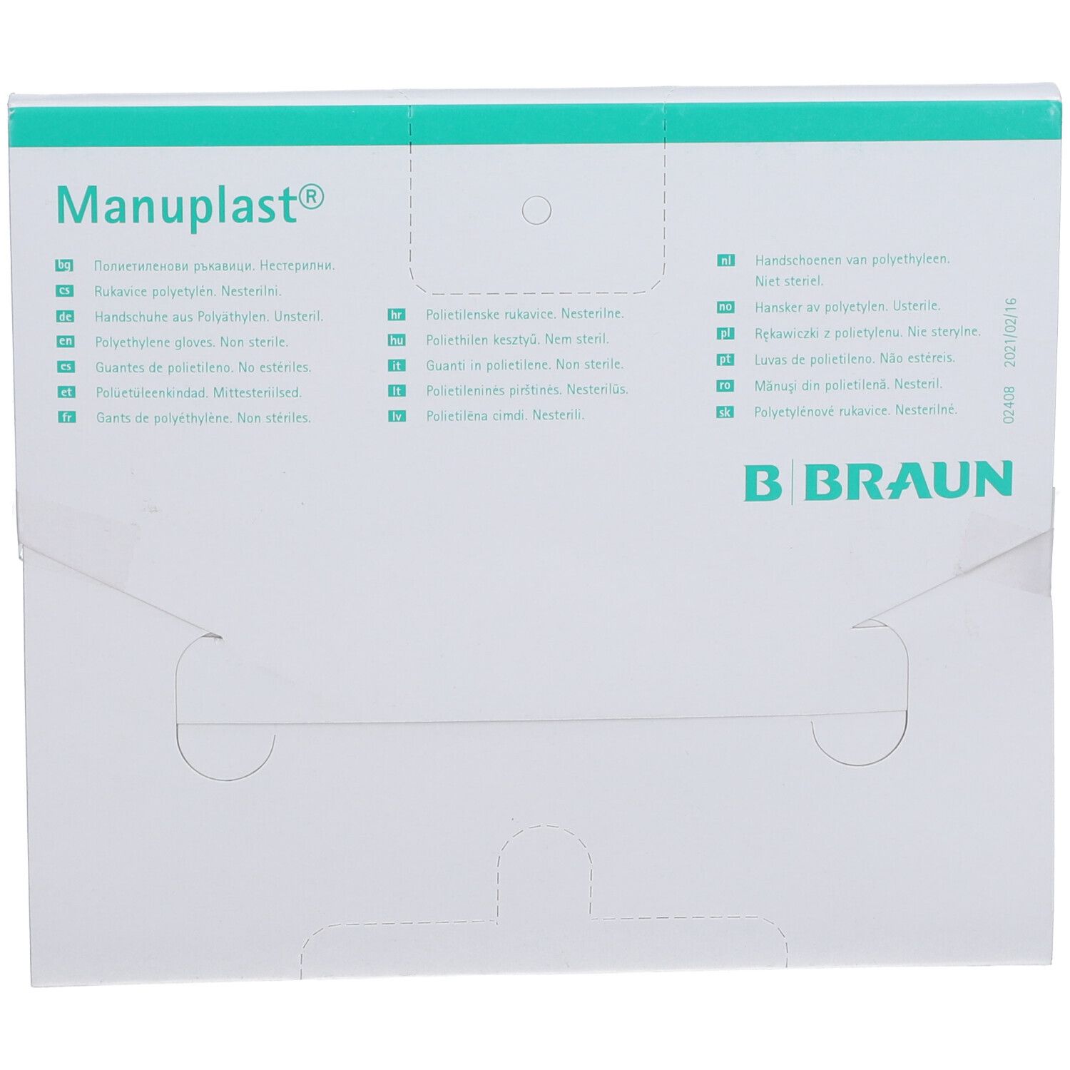 Emballage ouvert de gants Manuplast®. Logo B. Braun.