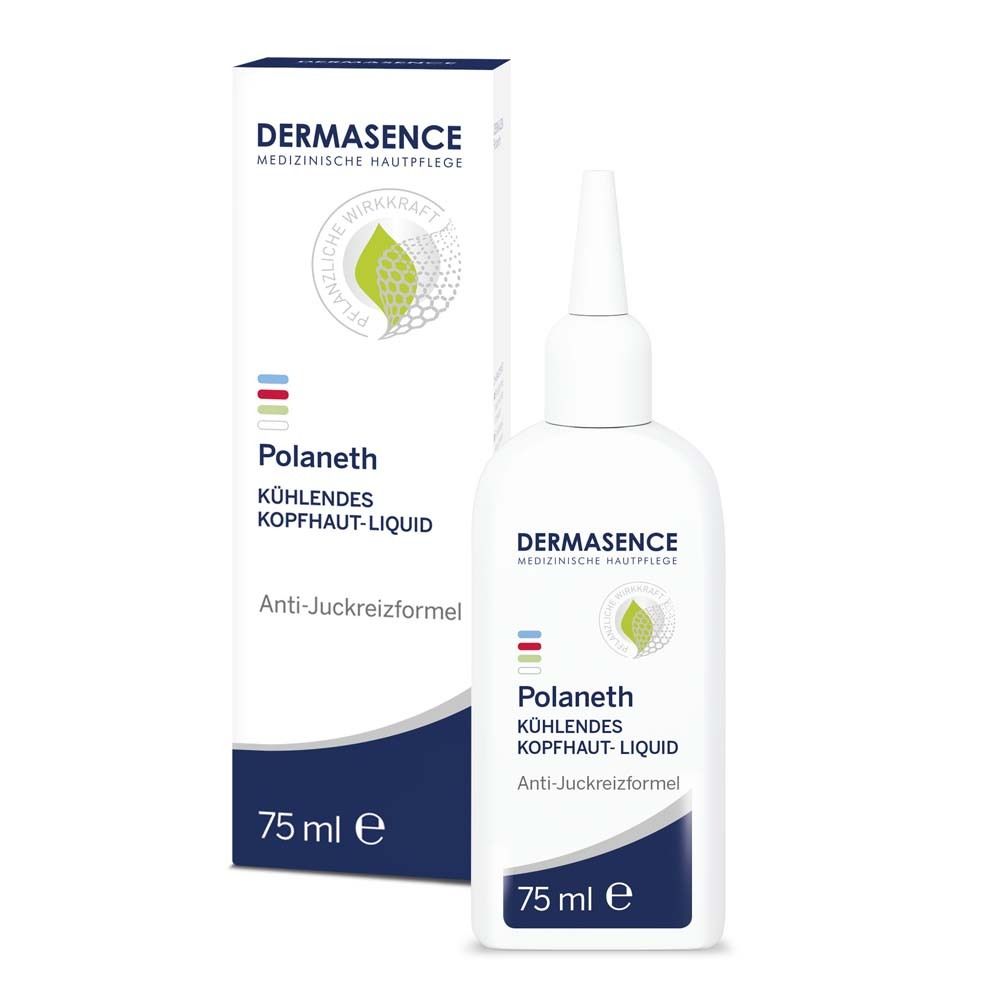 Flacon blanc et étui. DERMASENCE Polaneth Liquid visible. Texte: Kuhlendes Kopfhaut-Liquid. 75 ml.