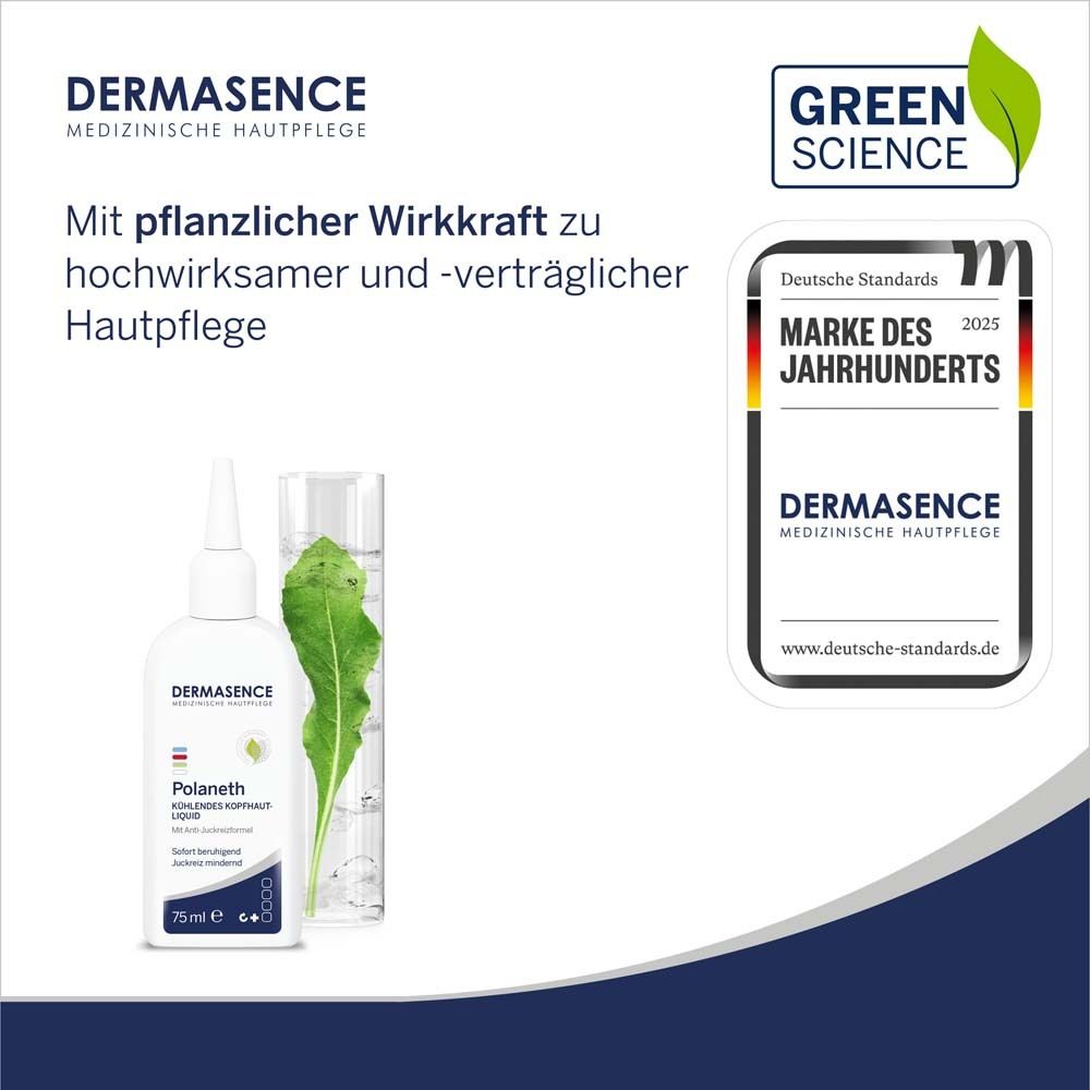 Produit avec certificat. DERMASENCE Polaneth Liquid et feuille dans verre. Texte: Marke des Jahrhunderts.