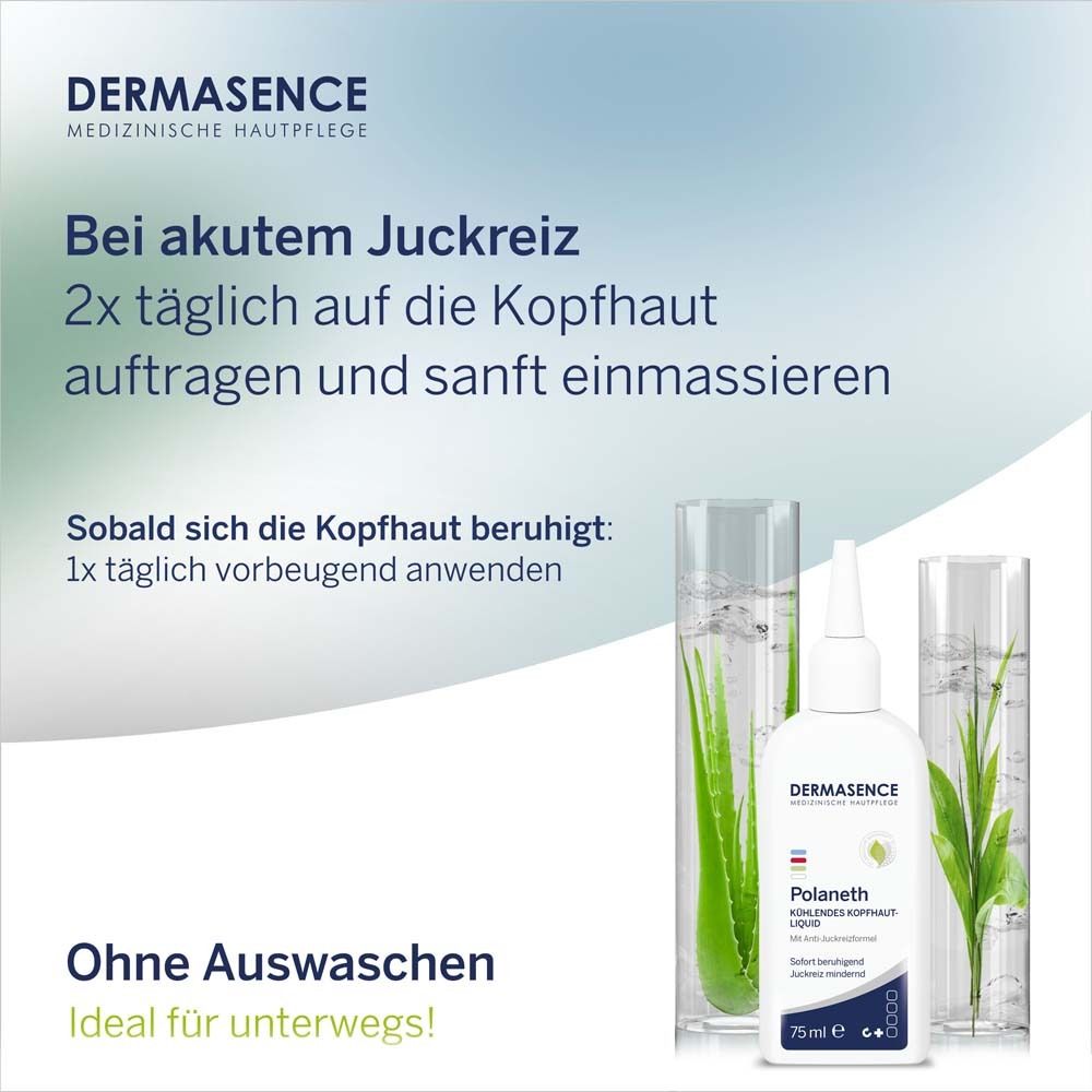 Produit avec plantes. DERMASENCE Polaneth Liquid et verres. Texte: Bei akutem Juckreiz 2x täglich auftragen.