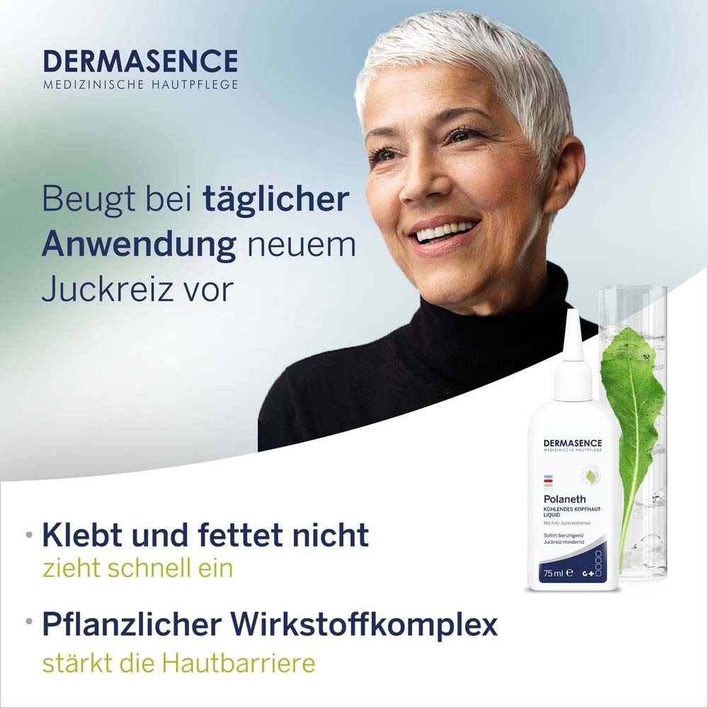 Produit sur cuir chevelu. DERMASENCE Polaneth Liquid. Texte: Kühlt und beruhigt irritierte, juckende Kopfhaut.