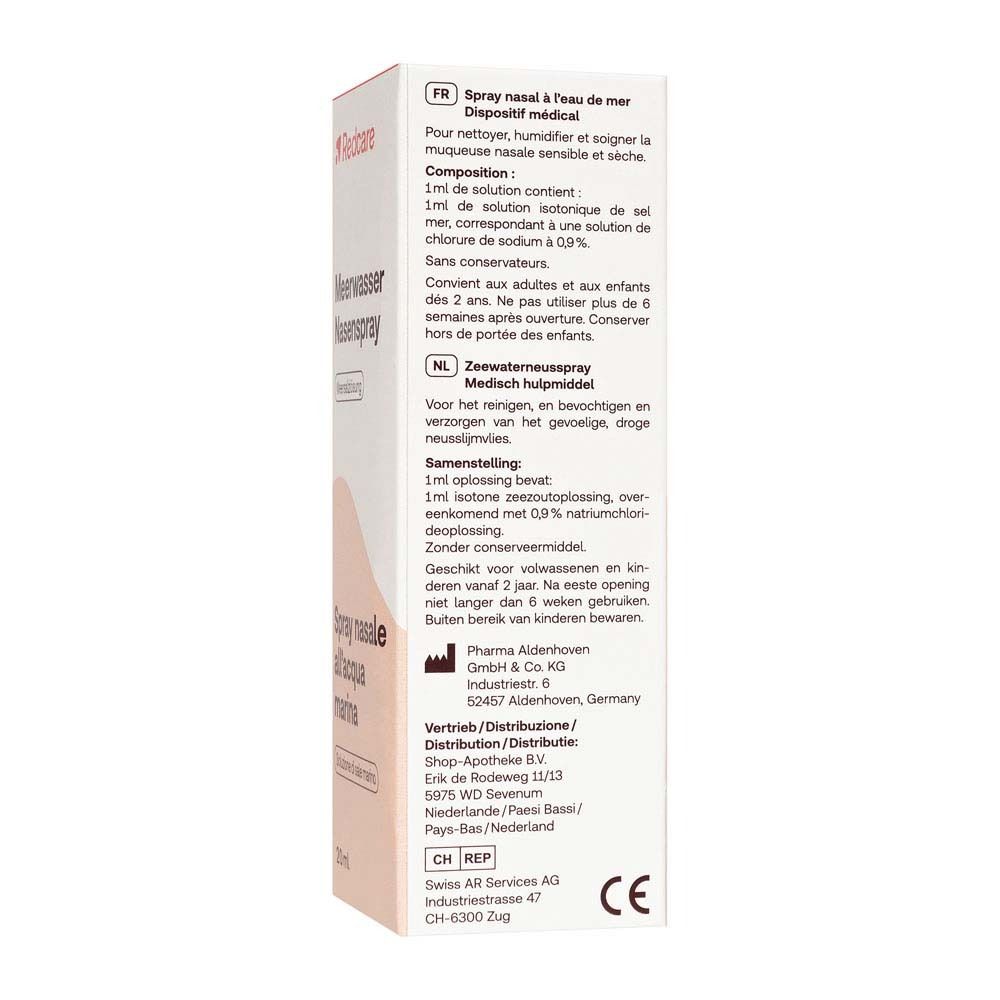 Dos de l'emballage de Redcare Meerwasser Nasenspray. Texte en allemand, italien, néerlandais et français.