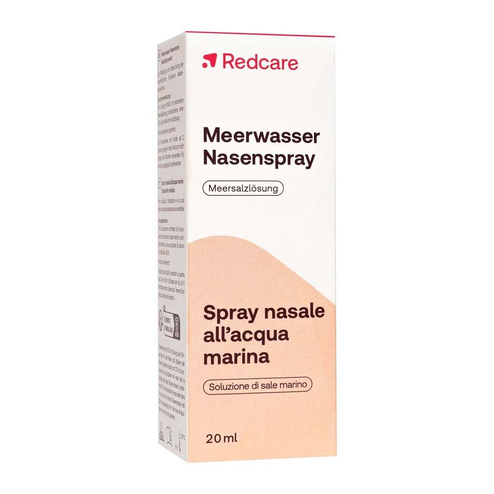 Emballage de Redcare Meerwasser Nasenspray. Boîte avec nom du produit et informations.