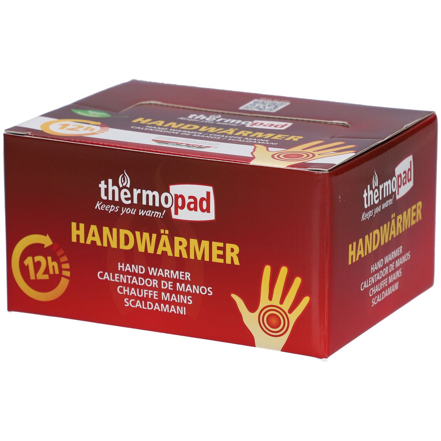 Boîte de thermopad® Handwärmer. Rouge, avec nom du produit, illustration de main et symbole 12h.