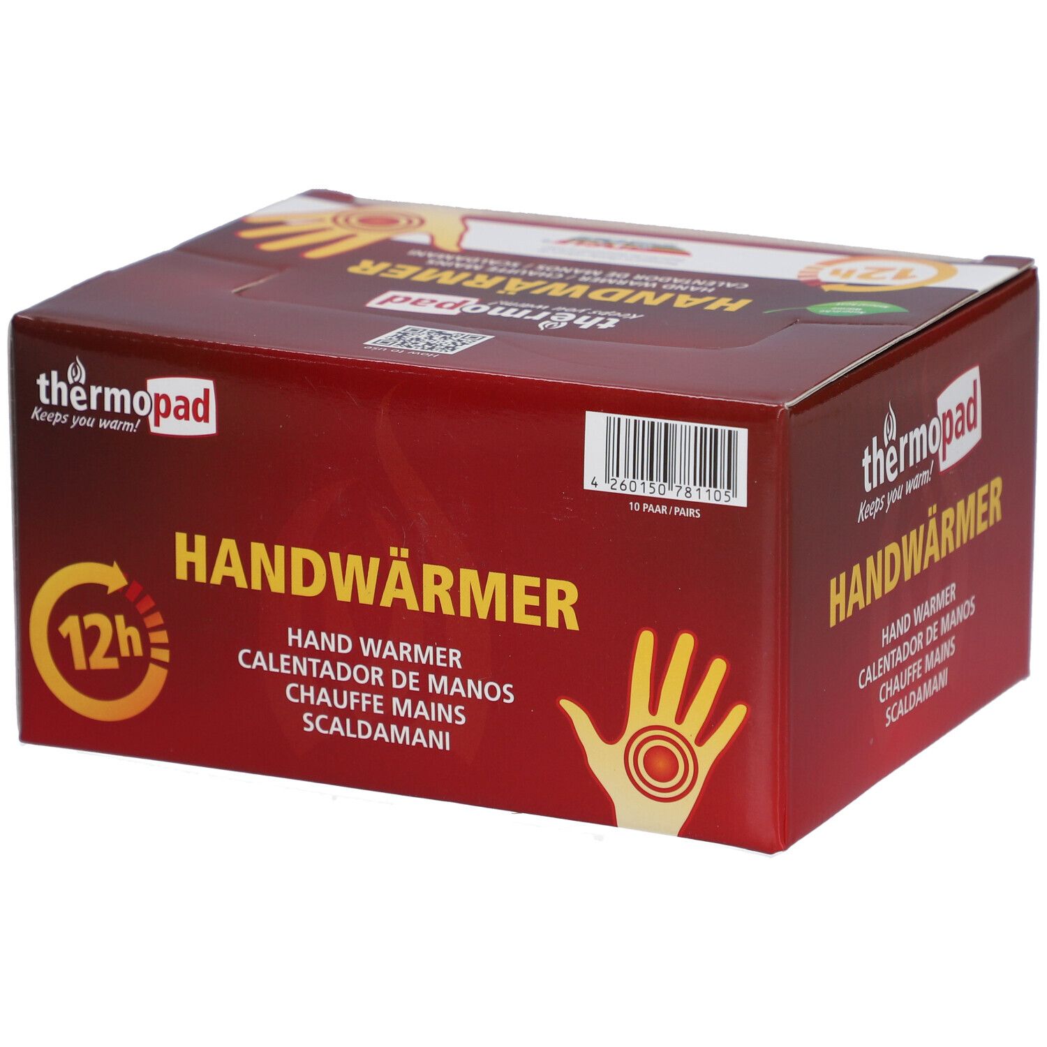 Boîte de thermopad® Handwärmer. Rouge, avec nom du produit, illustration de main et symbole 12h.