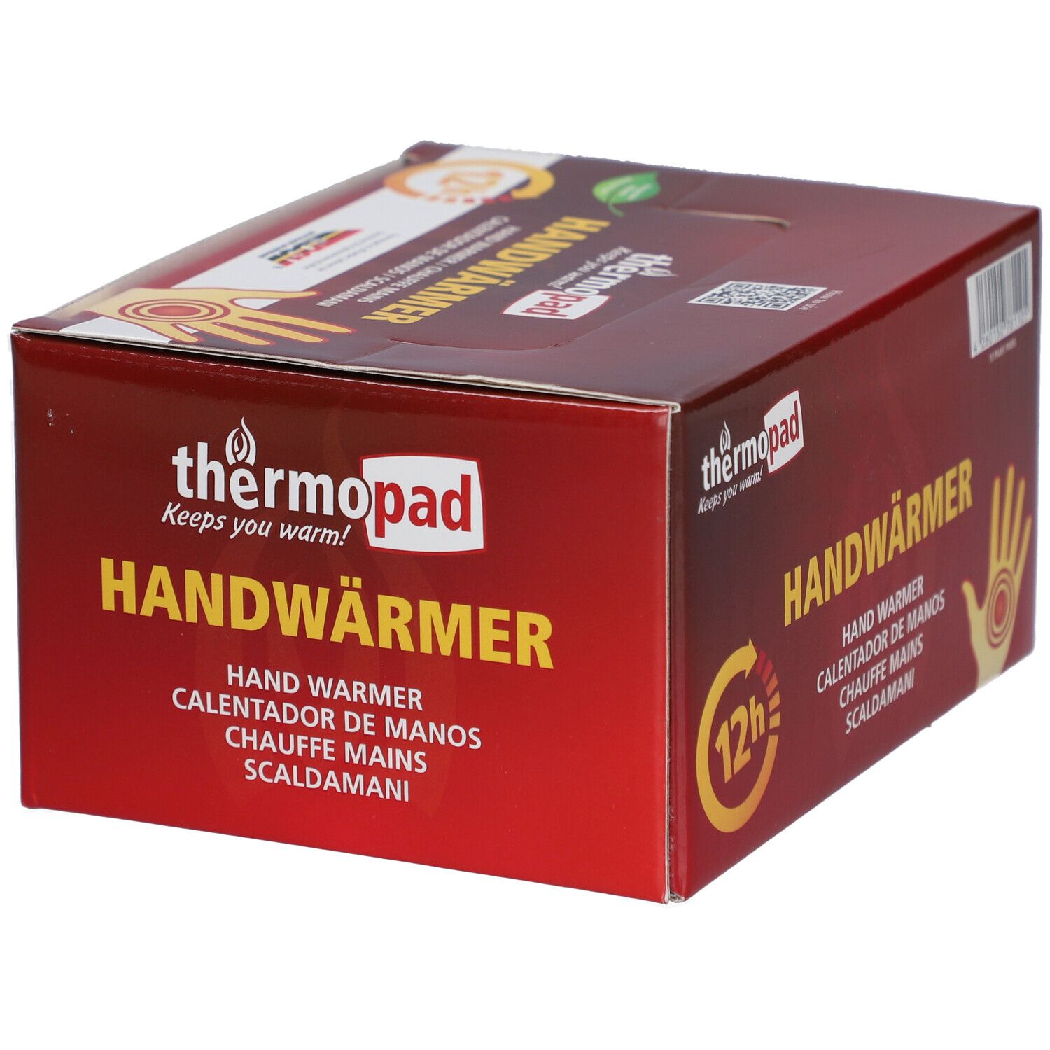 Boîte de thermopad® Handwärmer. Emballage rouge avec nom du produit, illustration de main et symbole 12h.