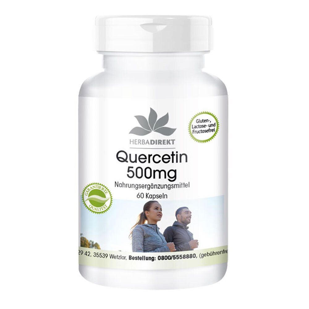 Flacon blanc de gélules. Inscription: Quercétine 500mg, 60 gélules. Logo: Herbadirekt. Sans gluten, lactose et fructose.