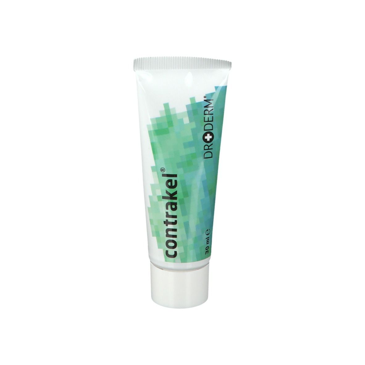 Tube de crème contrakel®. Vert et blanc. Logo du fabricant Dr.Derm. 30 ml.