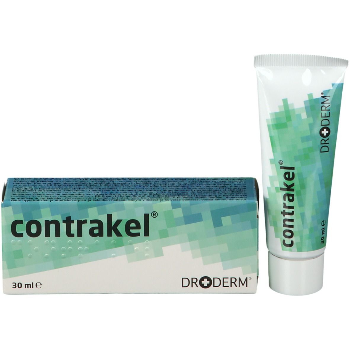 Emballage et tube du produit. Emballage avec le nom du produit contrakel®. Tube avec logo Dr.Derm. 30 ml.