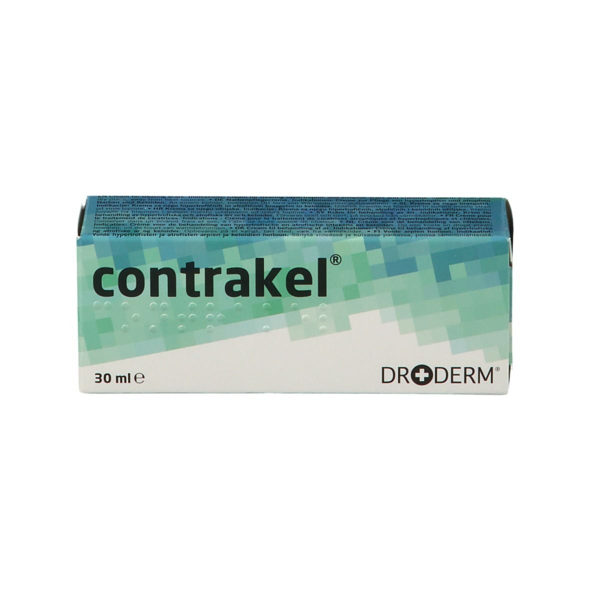 Emballage du produit avec le nom contrakel®. Logo du fabricant Dr.Derm. 30 ml. Couleurs vert et blanc.