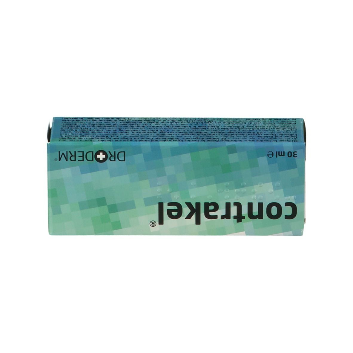 Emballage du produit avec le nom contrakel®. Logo du fabricant Dr.Derm. 30 ml. Couleurs vert et blanc.