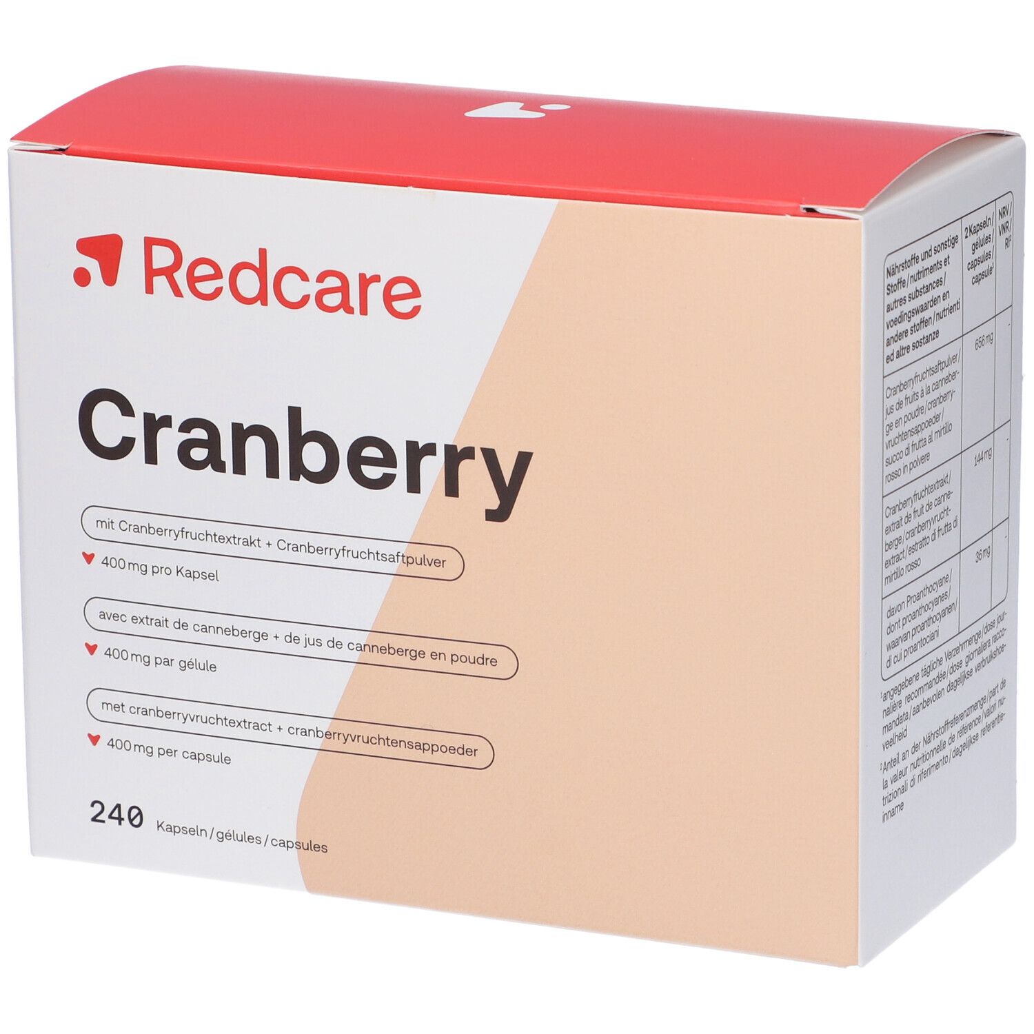 Boîte de gélules Redcare Cranberry. Inscription : Cranberry, 240 gélules. Contient de l'extrait de canneberge.