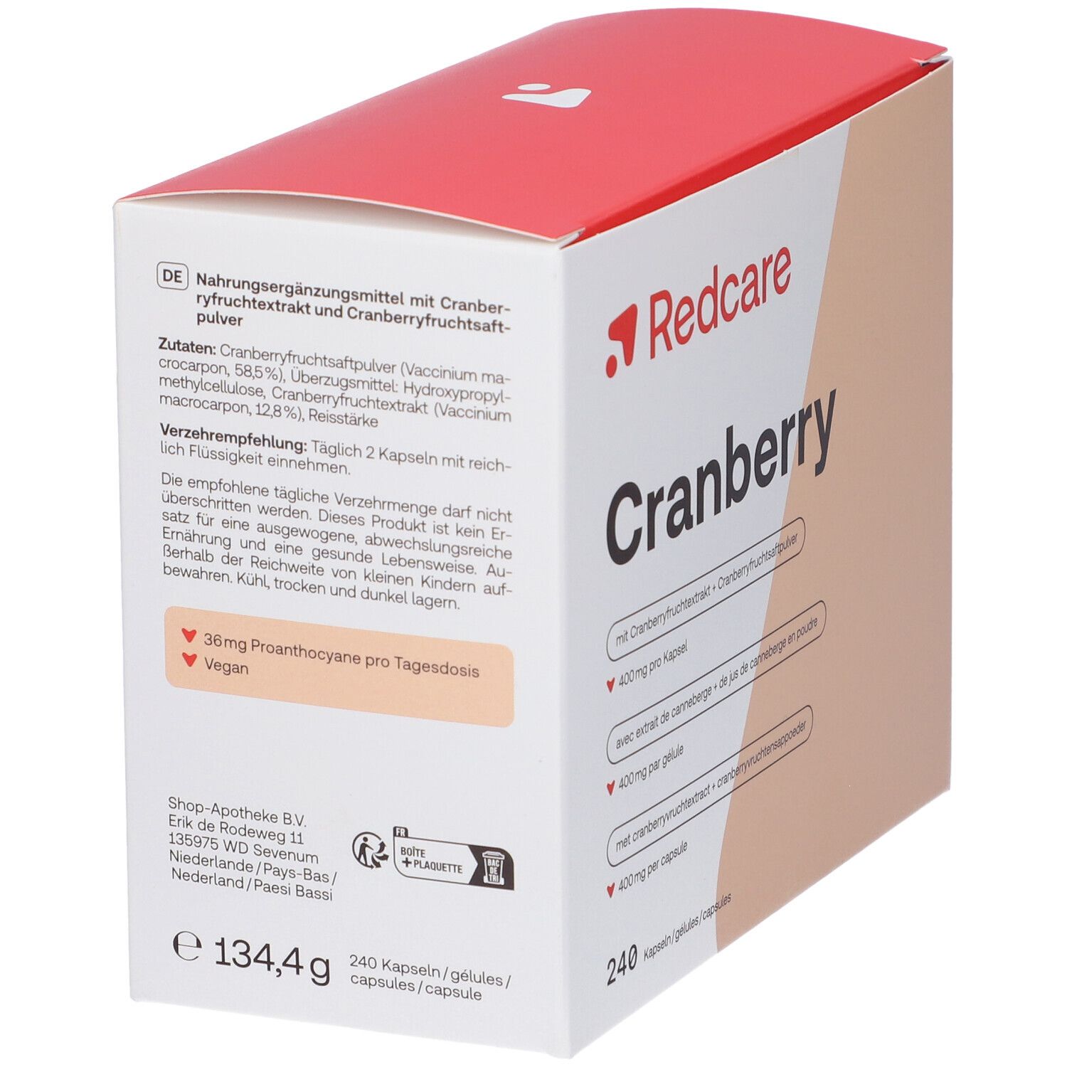 Dos de l'emballage des gélules Redcare Cranberry. Contient des informations sur les ingrédients et le dosage.