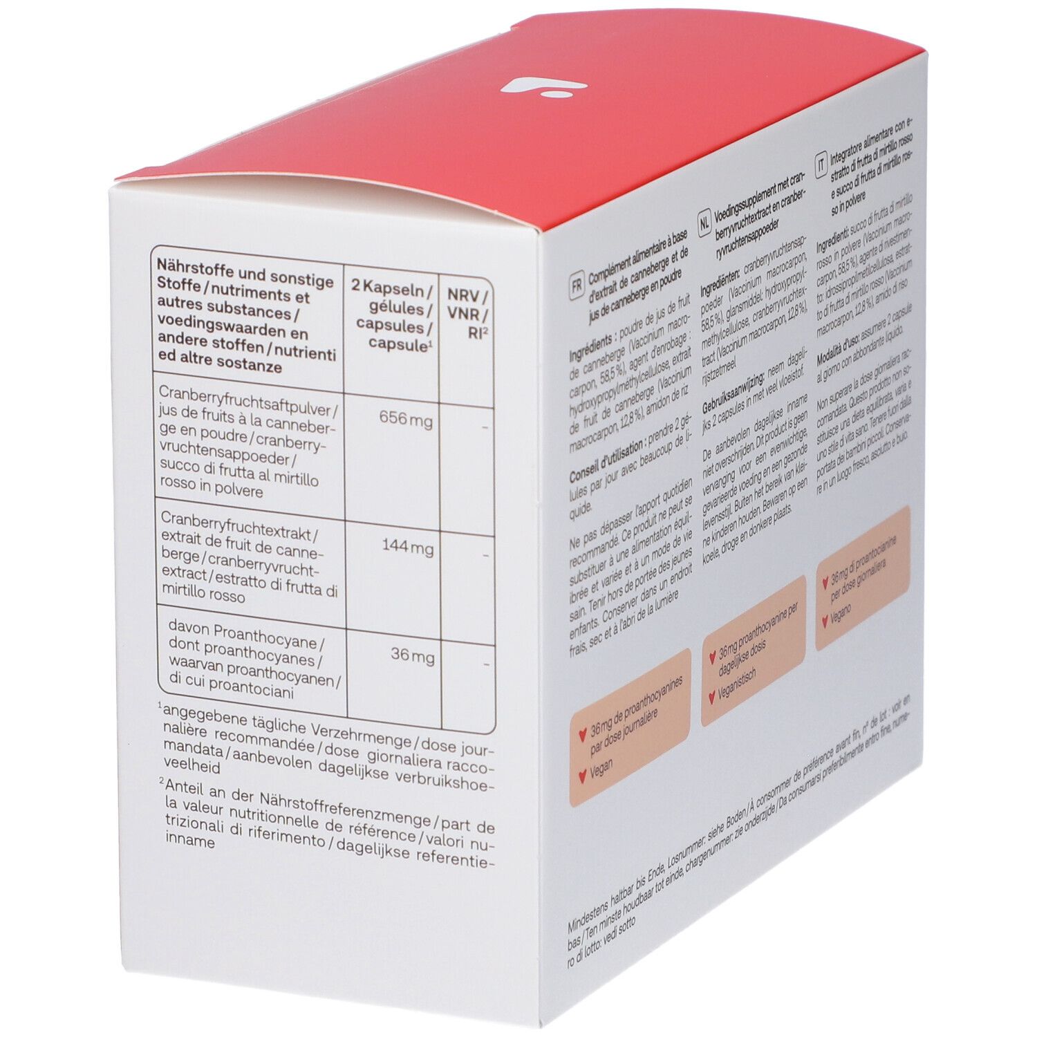 Dos de l'emballage des gélules Redcare Cranberry avec informations nutritionnelles et ingrédients.