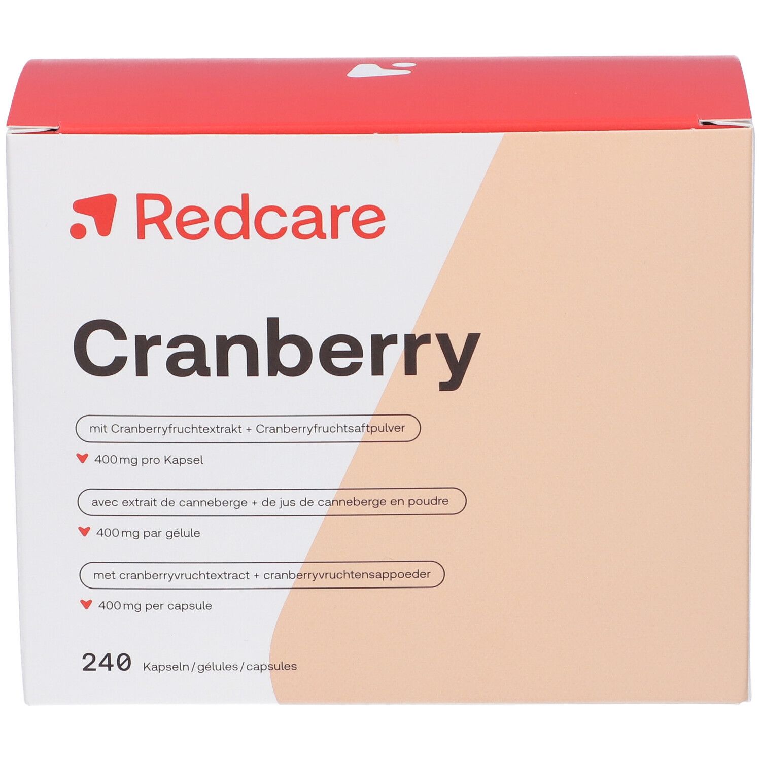 Boîte de gélules Redcare Cranberry. Inscription : Cranberry, 240 gélules. Contient de l'extrait de canneberge.