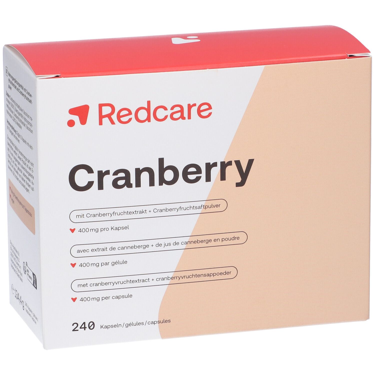 Boîte de gélules Redcare Cranberry. Inscription : Cranberry, 240 gélules. Contient de l'extrait de canneberge.