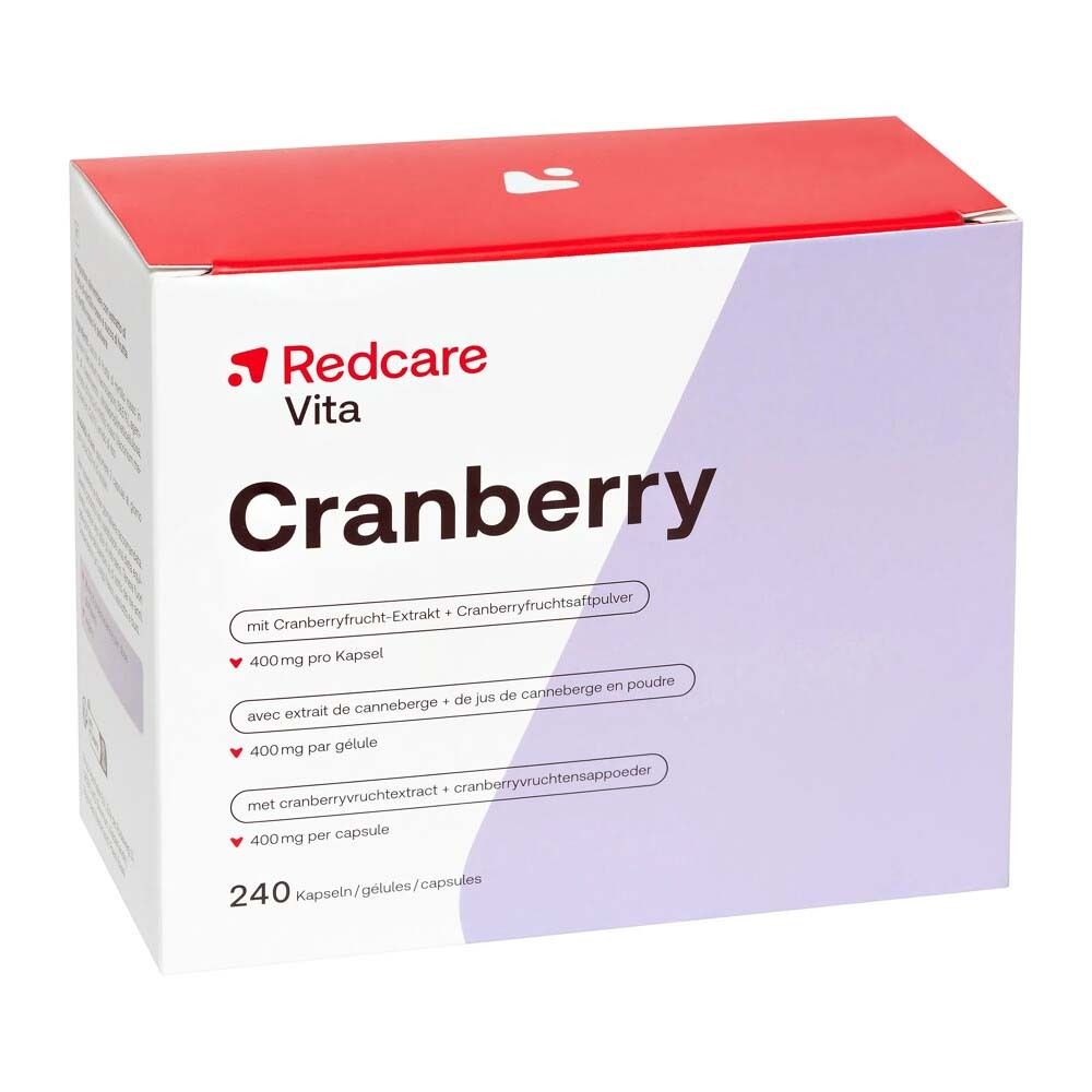 Boîte Redcare Vita Cranberry. Rectangle blanc avec couvercle rouge. Texte: Cranberry, 240 gélules.