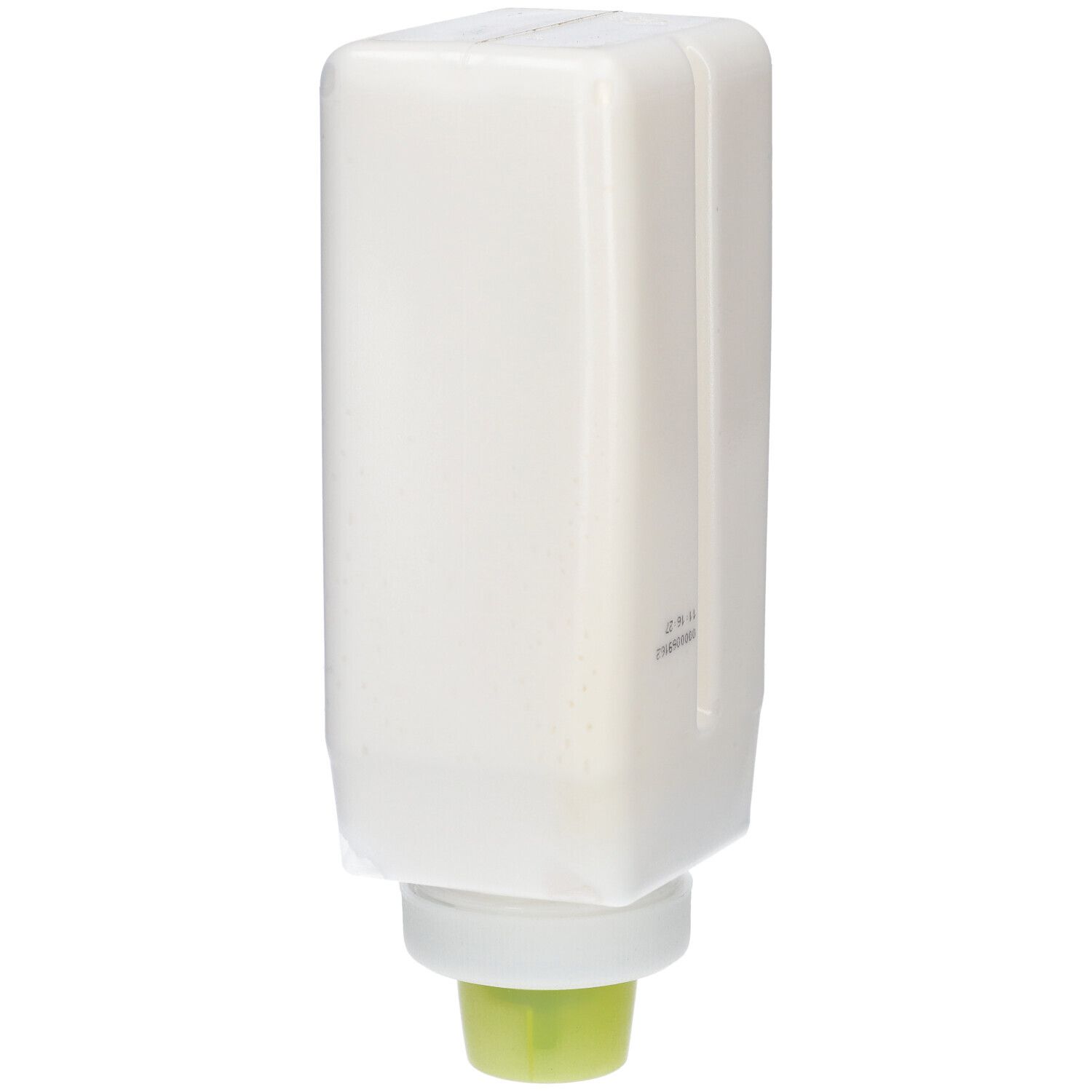 Dos du distributeur blanc. Contenant de 1L avec sortie verte. Tampon de date.