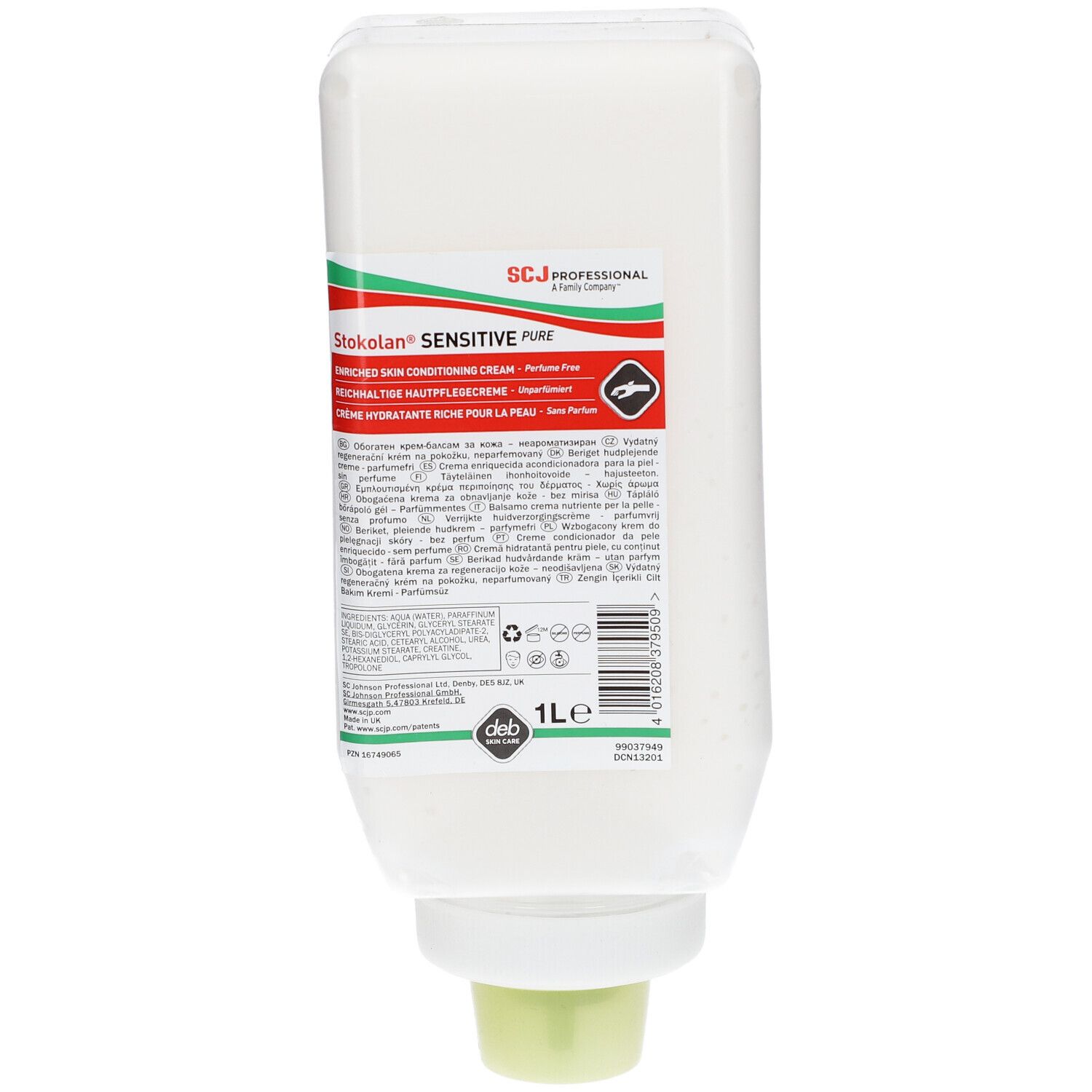 Distributeur blanc avec inscription Stokolan Sensitive PURE. Contenant de 1L avec sortie verte. Logo SCJ Professional.