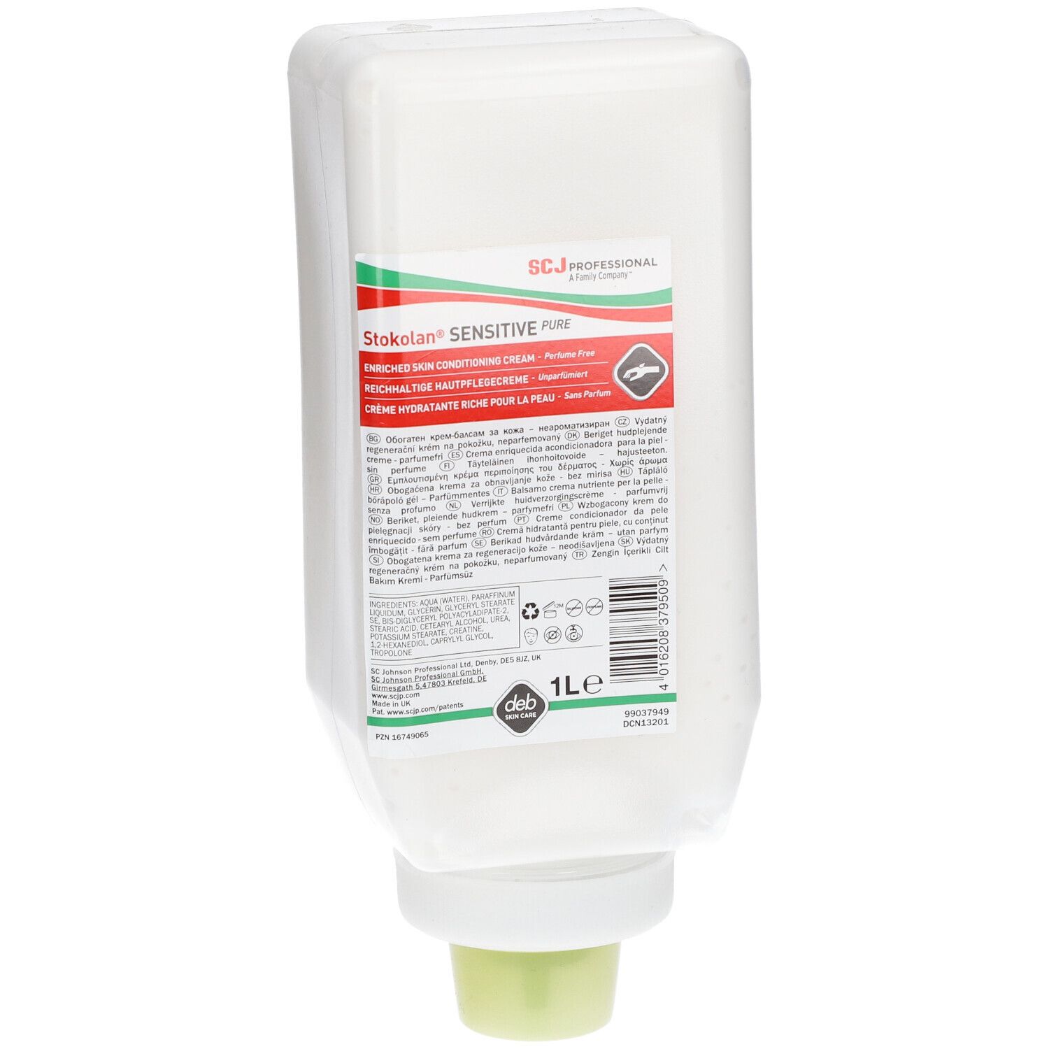 Distributeur blanc avec inscription Stokolan Sensitive PURE. Contenant de 1L avec sortie verte. Logo SCJ Professional.