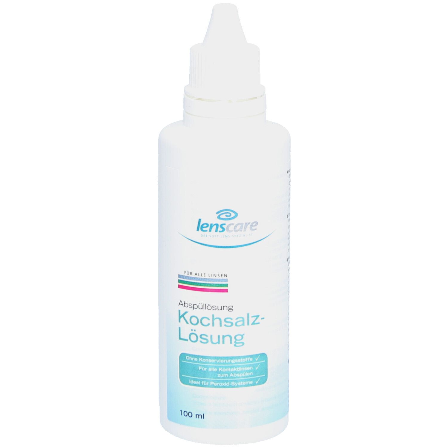Flacon blanc "lenscare Kochsalz-Lösung". Texte: "Pour toutes lentilles". 100 ml.