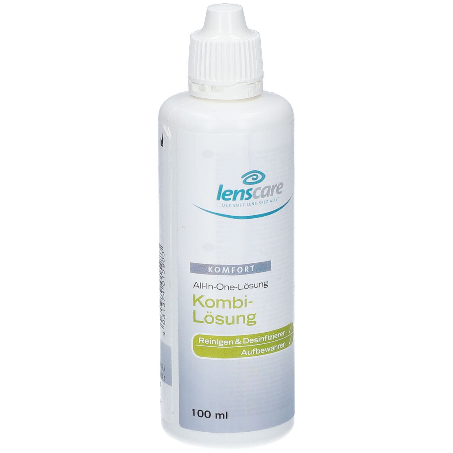 Flacon blanc avec bouchon à vis. Inscription : lenscare Kombi-Lösung. Nettoyer & désinfecter. 100 ml.