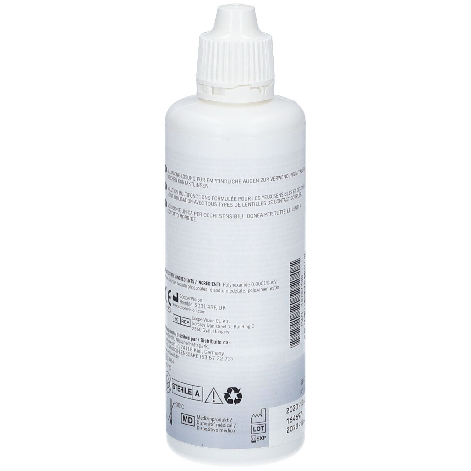 Flacon blanc avec texte. Ingrédients, instructions d'utilisation et avertissements. Marque Stérile A.