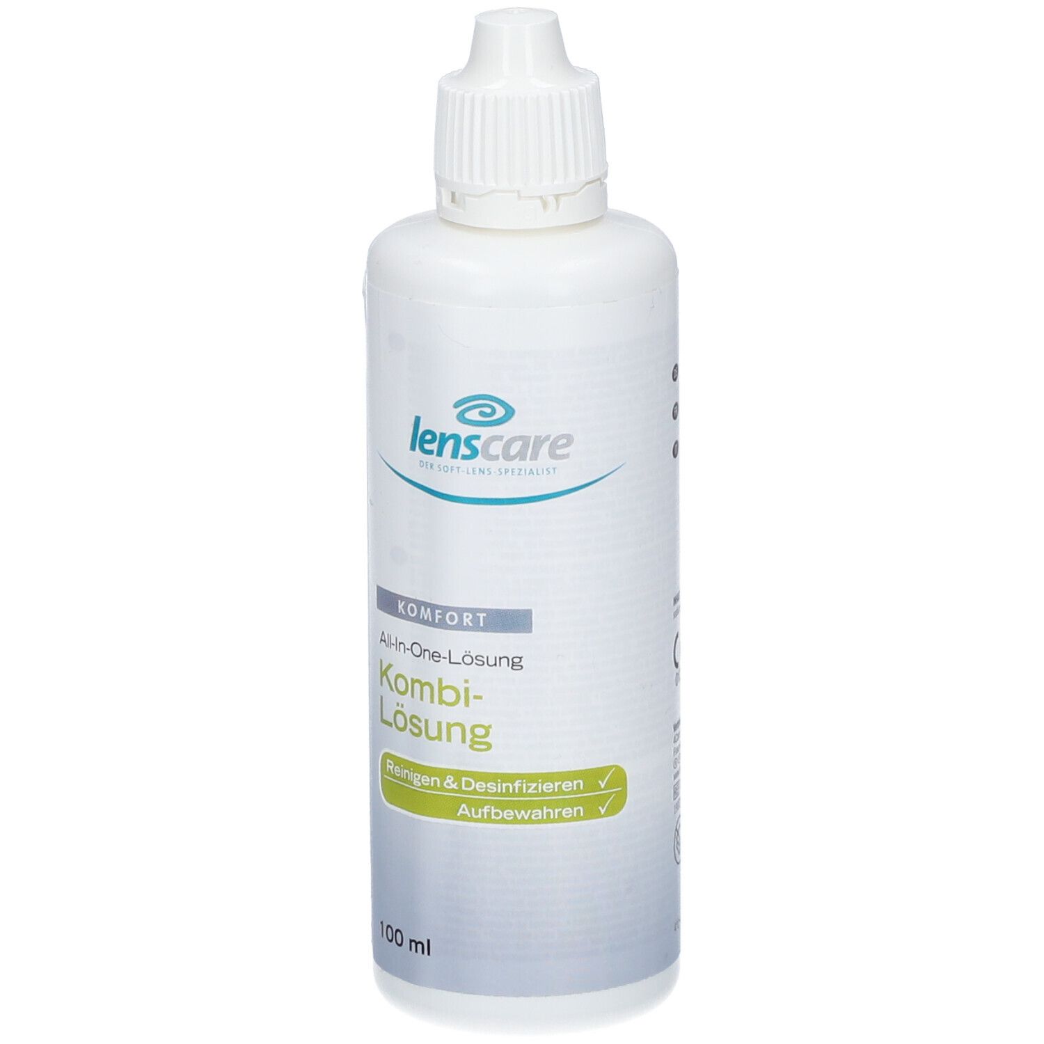 Flacon blanc avec bouchon à vis. Inscription : lenscare Kombi-Lösung. Nettoyer & désinfecter. 100 ml.