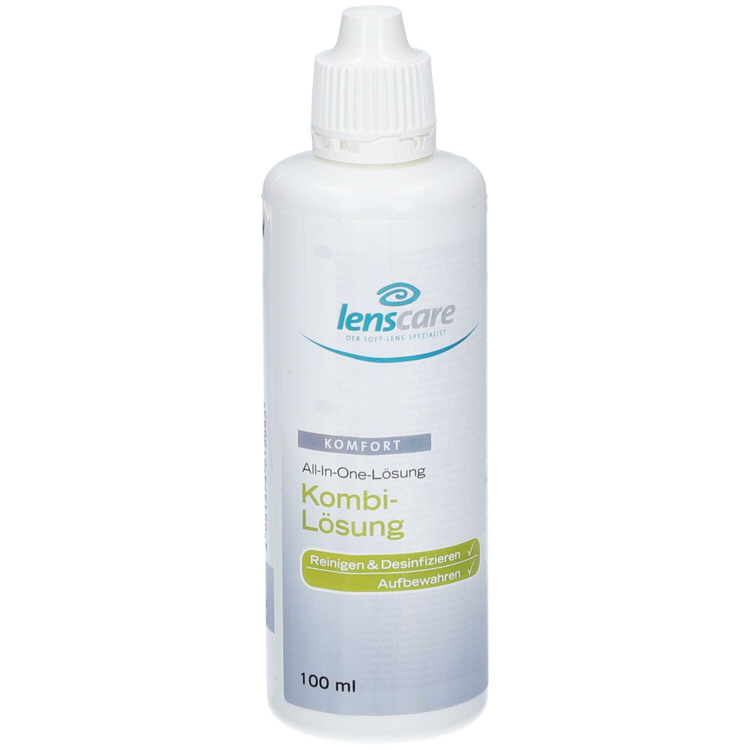 Flacon blanc avec bouchon à vis. Inscription : lenscare Kombi-Lösung. Nettoyer & désinfecter. 100 ml.