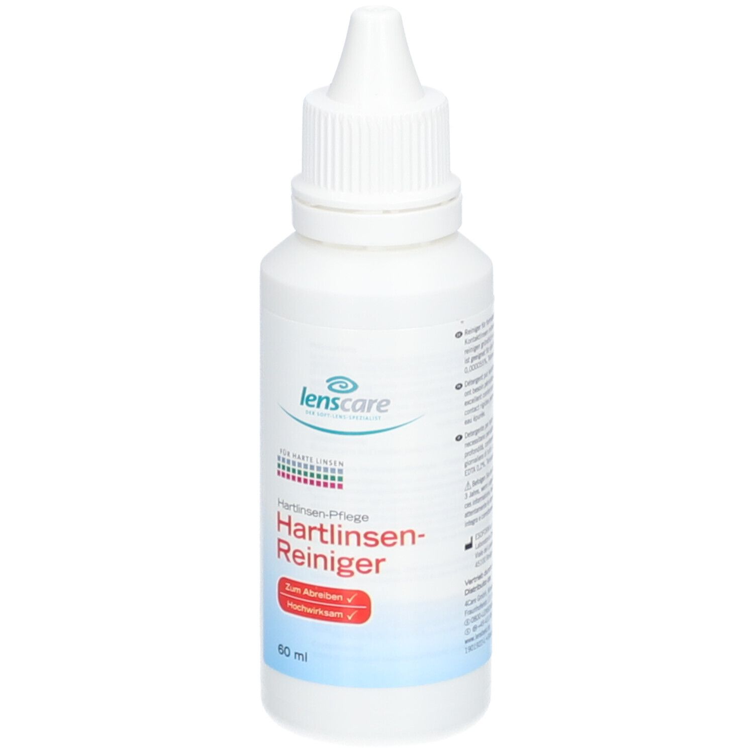 Flacon blanc avec bouchon compte-gouttes. Inscription : lenscare, Hartlinsen-Reiniger, 60 ml.
