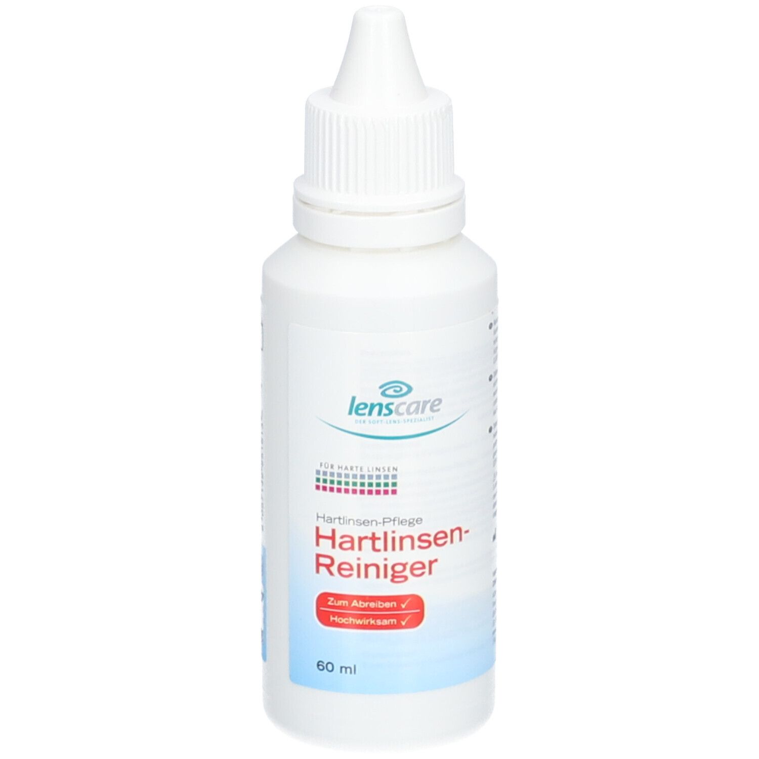 Flacon blanc avec bouchon compte-gouttes. Inscription : lenscare, Hartlinsen-Reiniger, 60 ml.