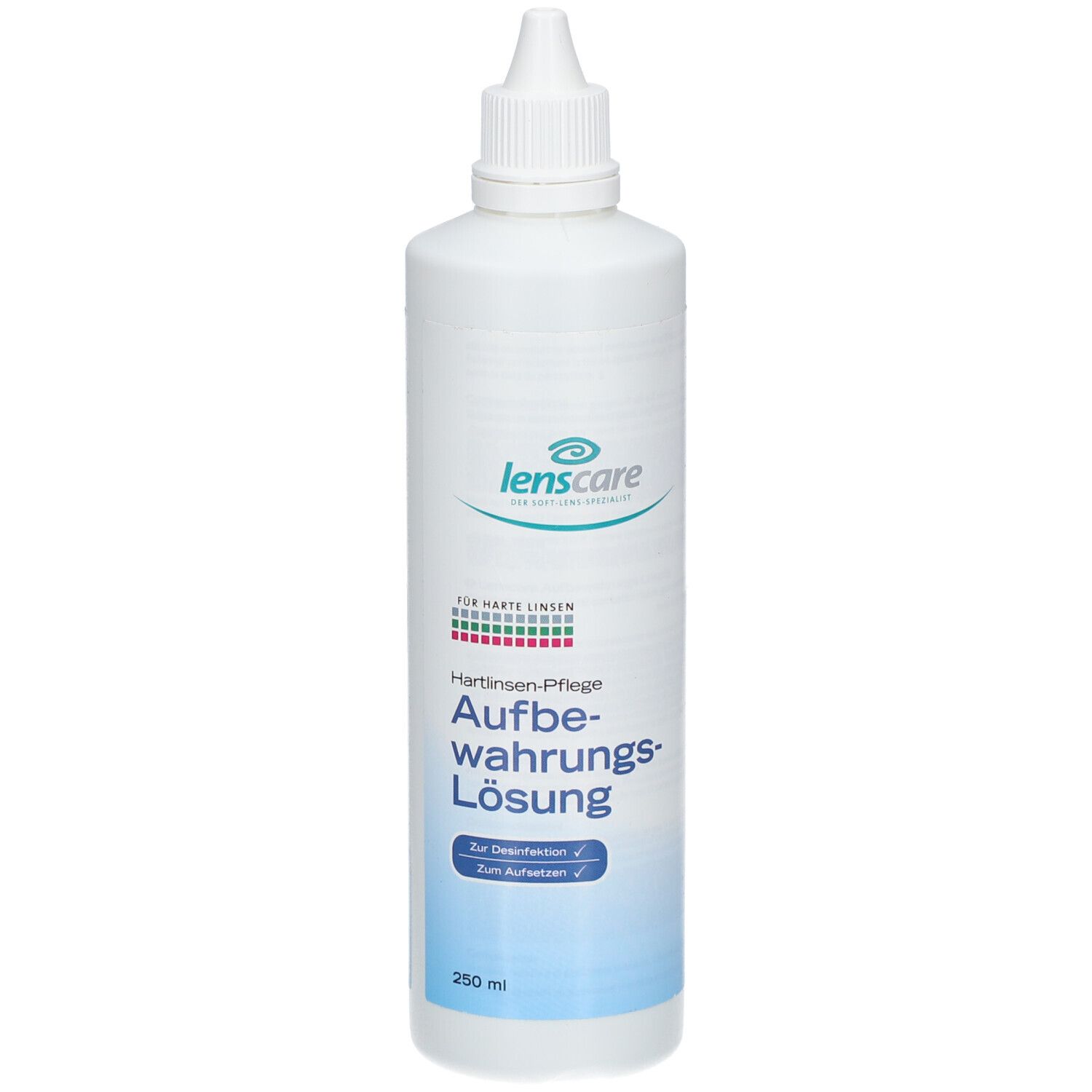 Flacon blanc avec bouchon à vis. Inscription : Lenscare, entretien lentilles rigides, solution de conservation. 250 ml.