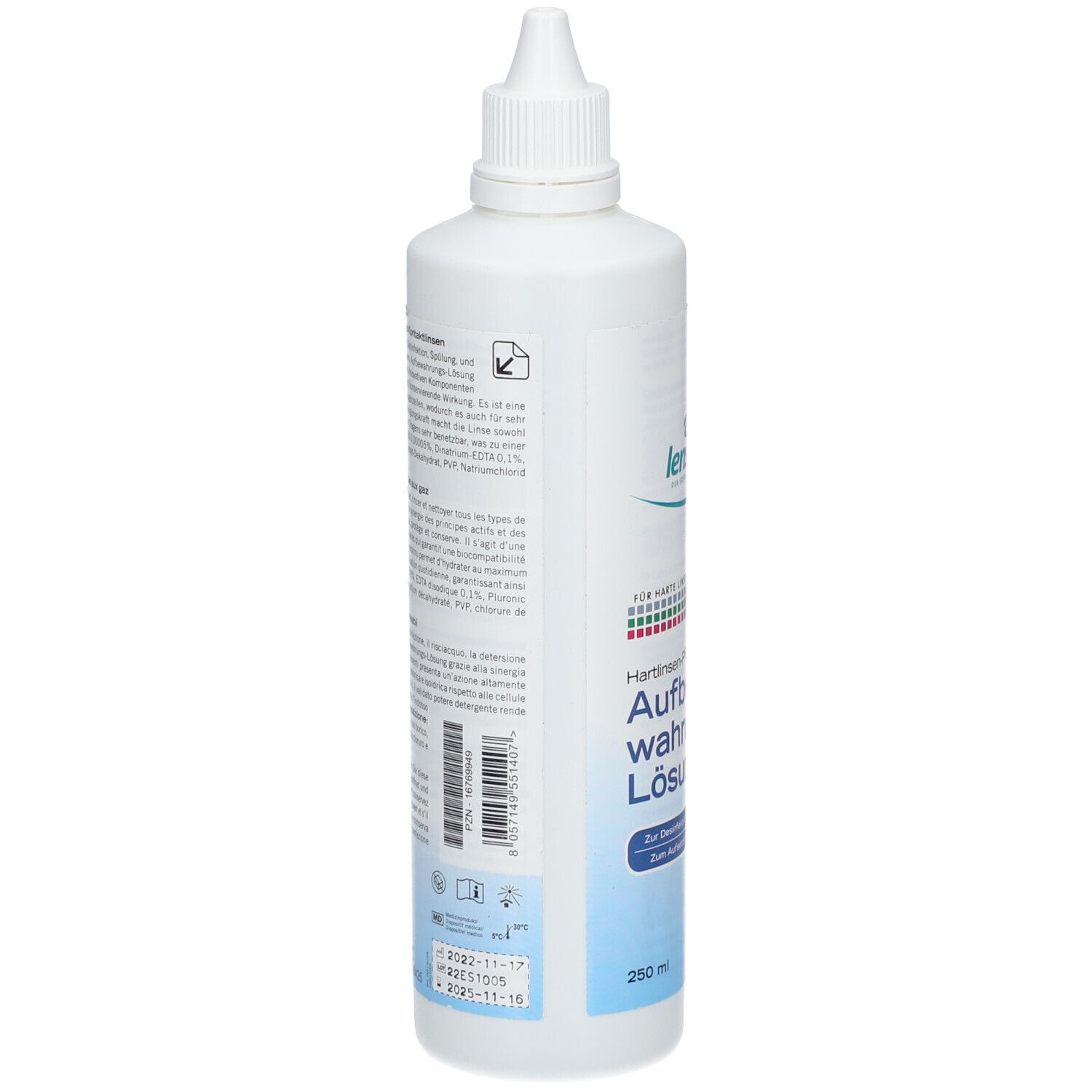 Flacon blanc avec texte et étiquettes. Informations au dos. 250 ml. Date de péremption : 2025-11-16.