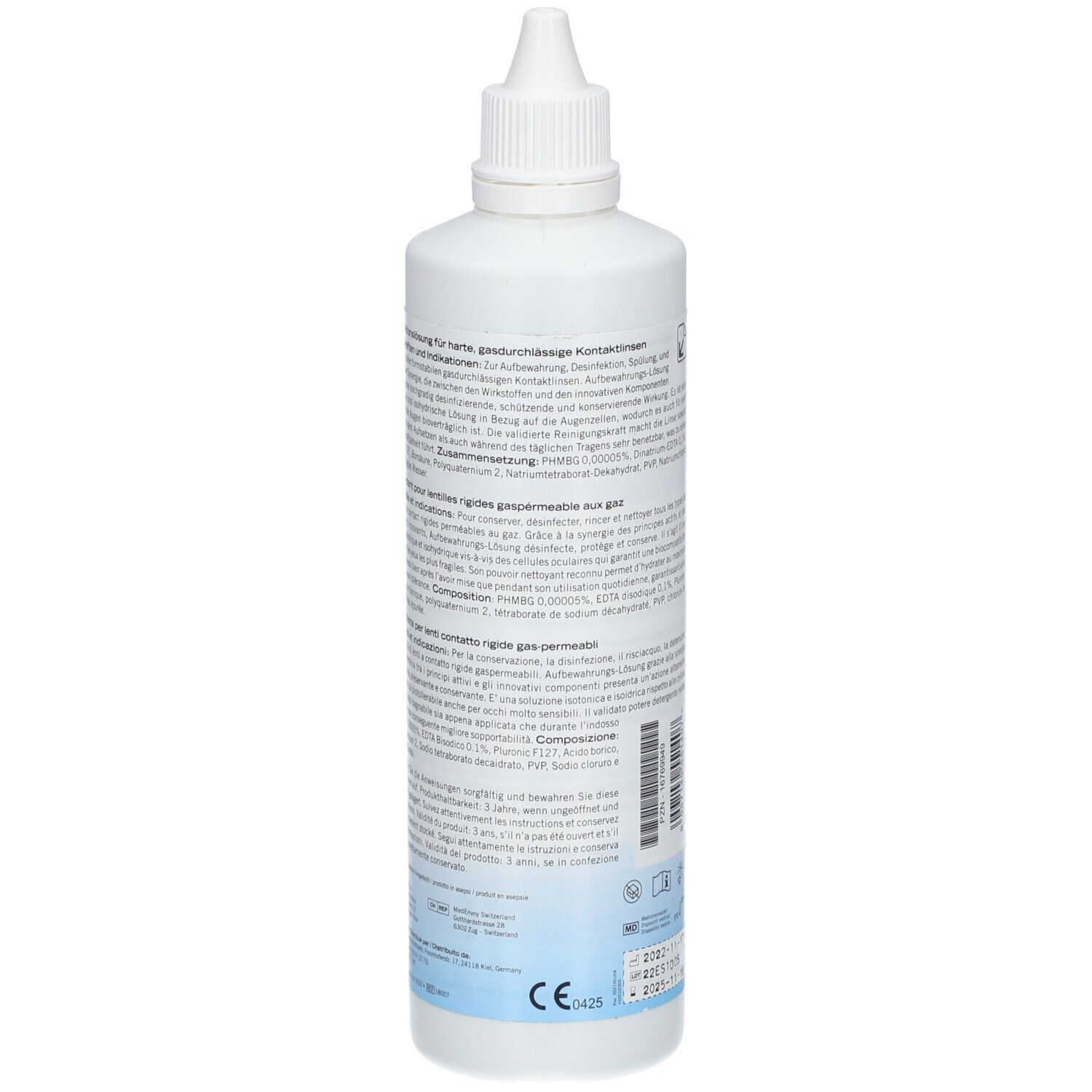 Flacon blanc avec texte. Informations au dos. Marquage CE. 250 ml. Texte en allemand, français, italien.
