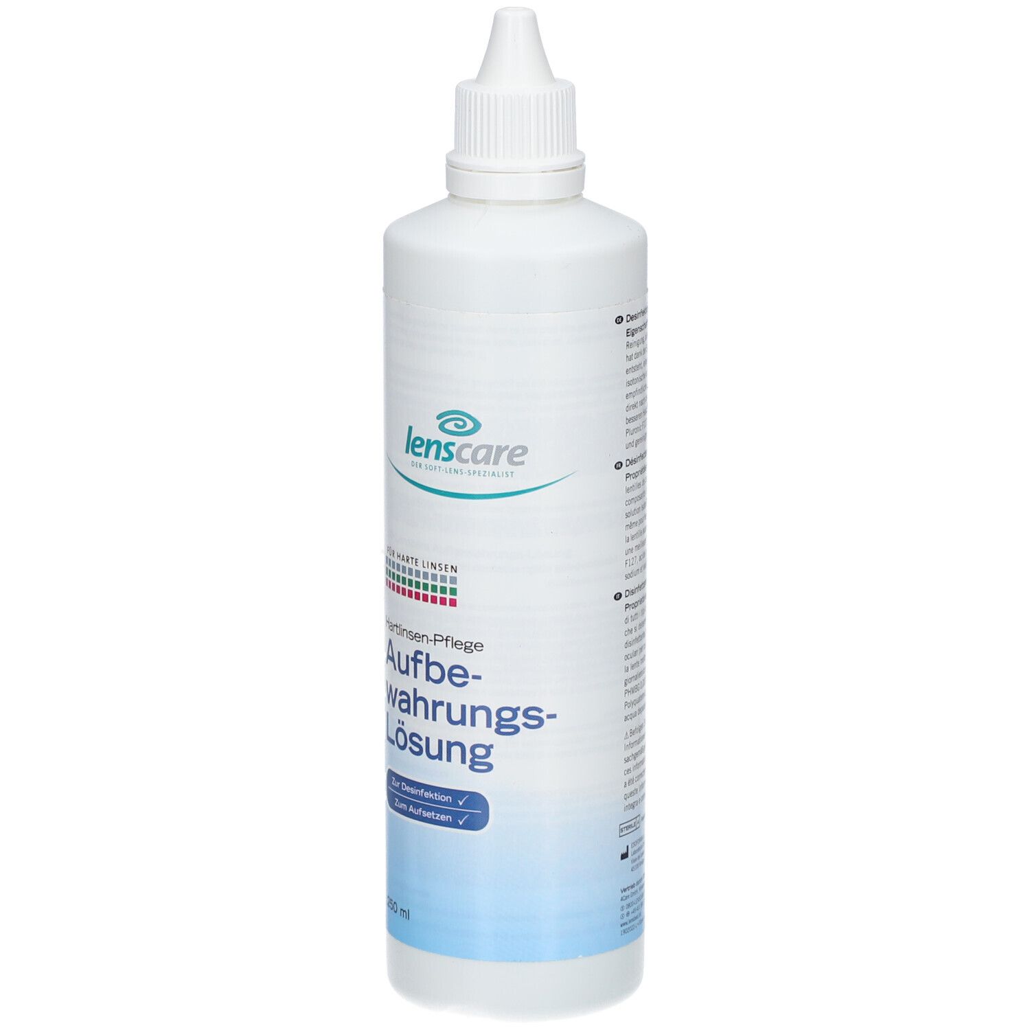 Flacon blanc avec bouchon à vis. Inscription : Lenscare, entretien lentilles rigides, solution de conservation. 250 ml.