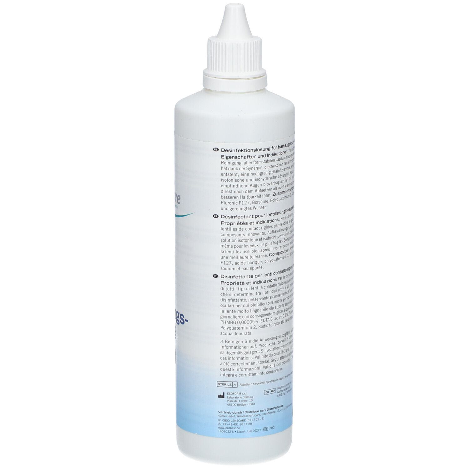 Flacon blanc avec bouchon à vis. Inscription : Lenscare, entretien lentilles rigides, solution de conservation. 250 ml.