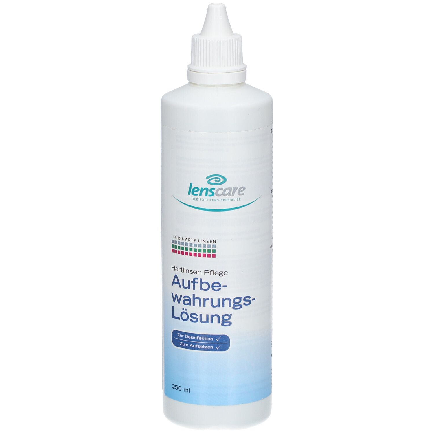 Flacon blanc avec texte. Informations au dos. 250 ml. Texte en allemand, français, italien.