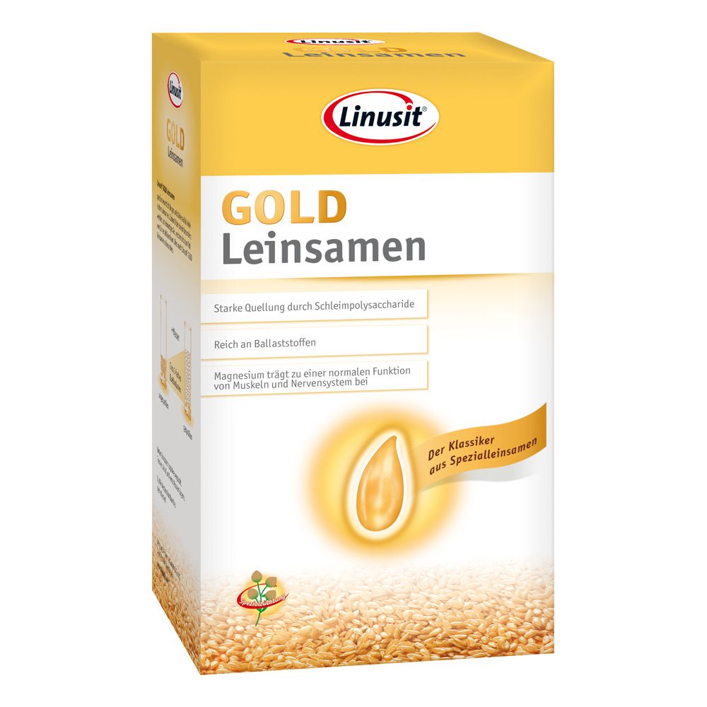 Boîte de Gold Leinsamen. Emballage jaune avec nom et logo du produit. Texte : Gonflement fort, riche en fibres, magnésium.