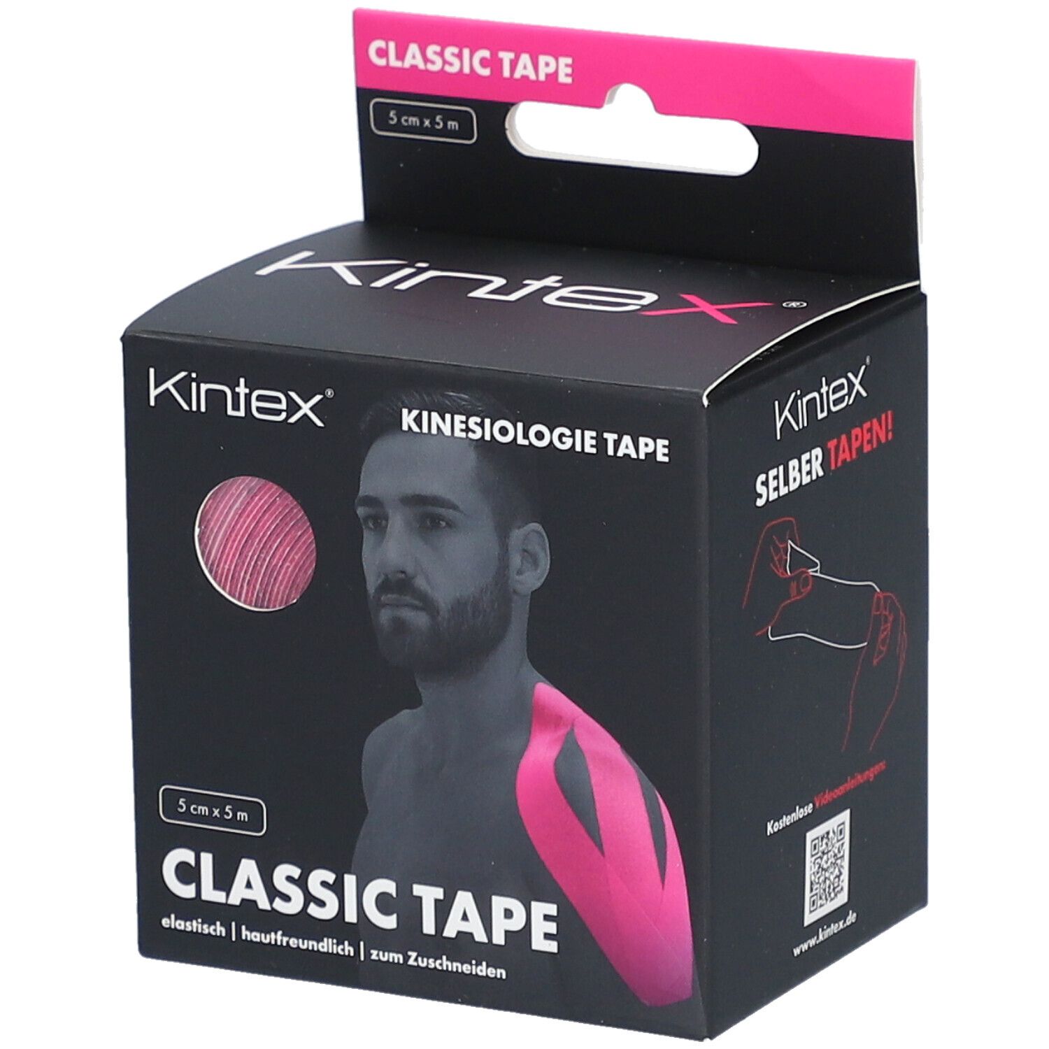 Emballage noir avec ruban de kinésiologie rose. Inscription : Kintex, Classic Tape, 5 cm x 5 m. Homme avec ruban sur le bras.