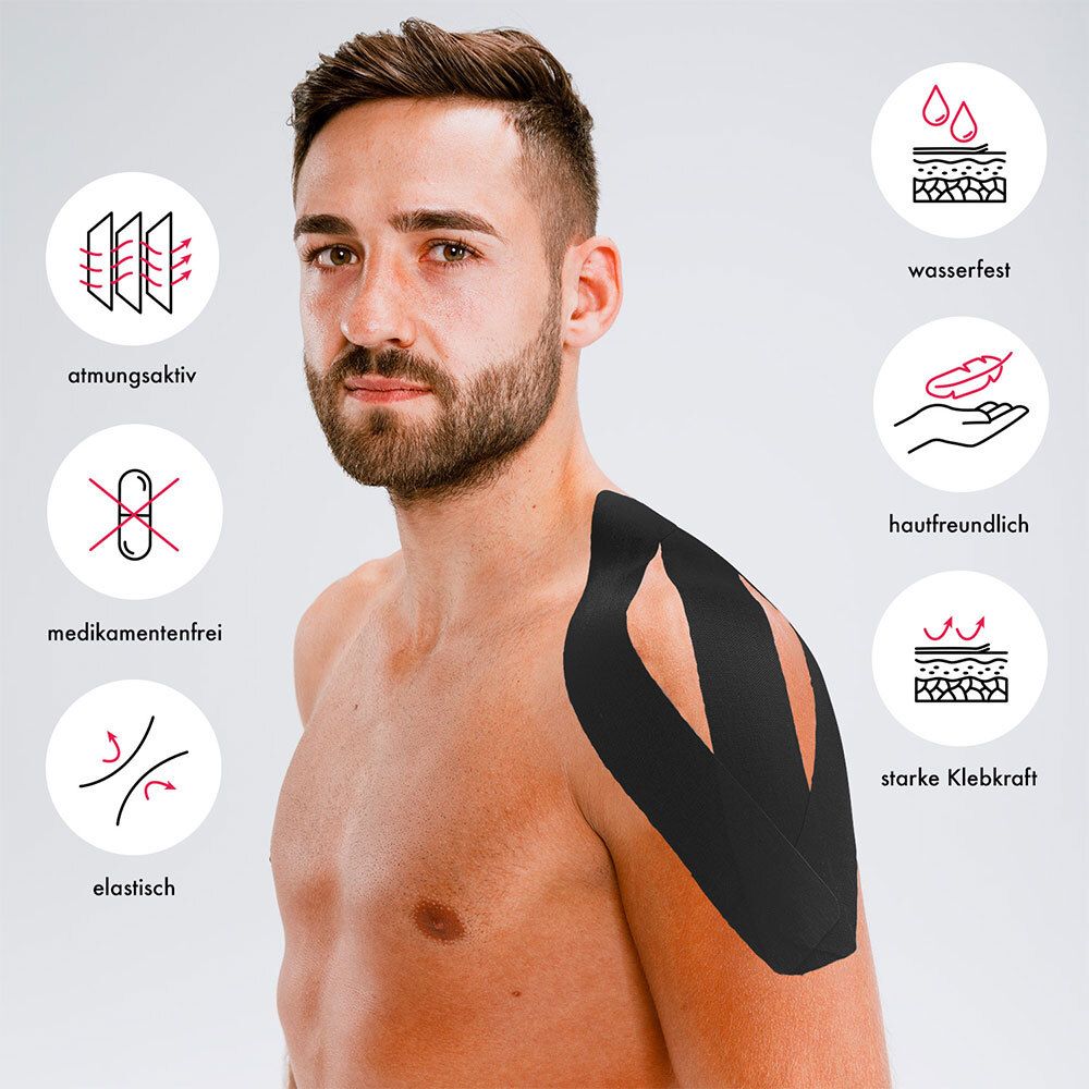 Homme avec ruban de kinésiologie noir sur le bras. Symboles : respirant, imperméable, élastique, doux pour la peau.