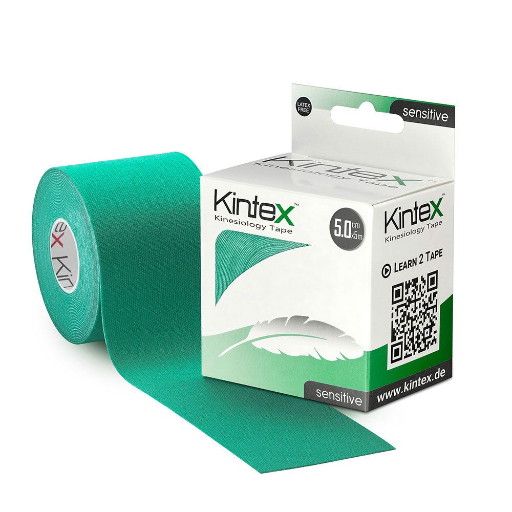 Ruban de kinésiologie Kintex vert, rouleau et emballage. Inscription : Kintex, 5,0 cm, sensitive. Code QR.
