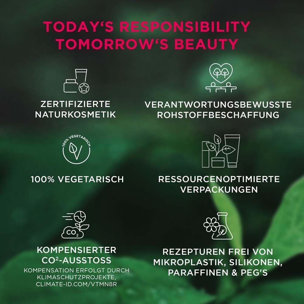 Infographie avec texte. Cosmétiques naturels certifiés, approvisionnement responsable, 100% végétarien.