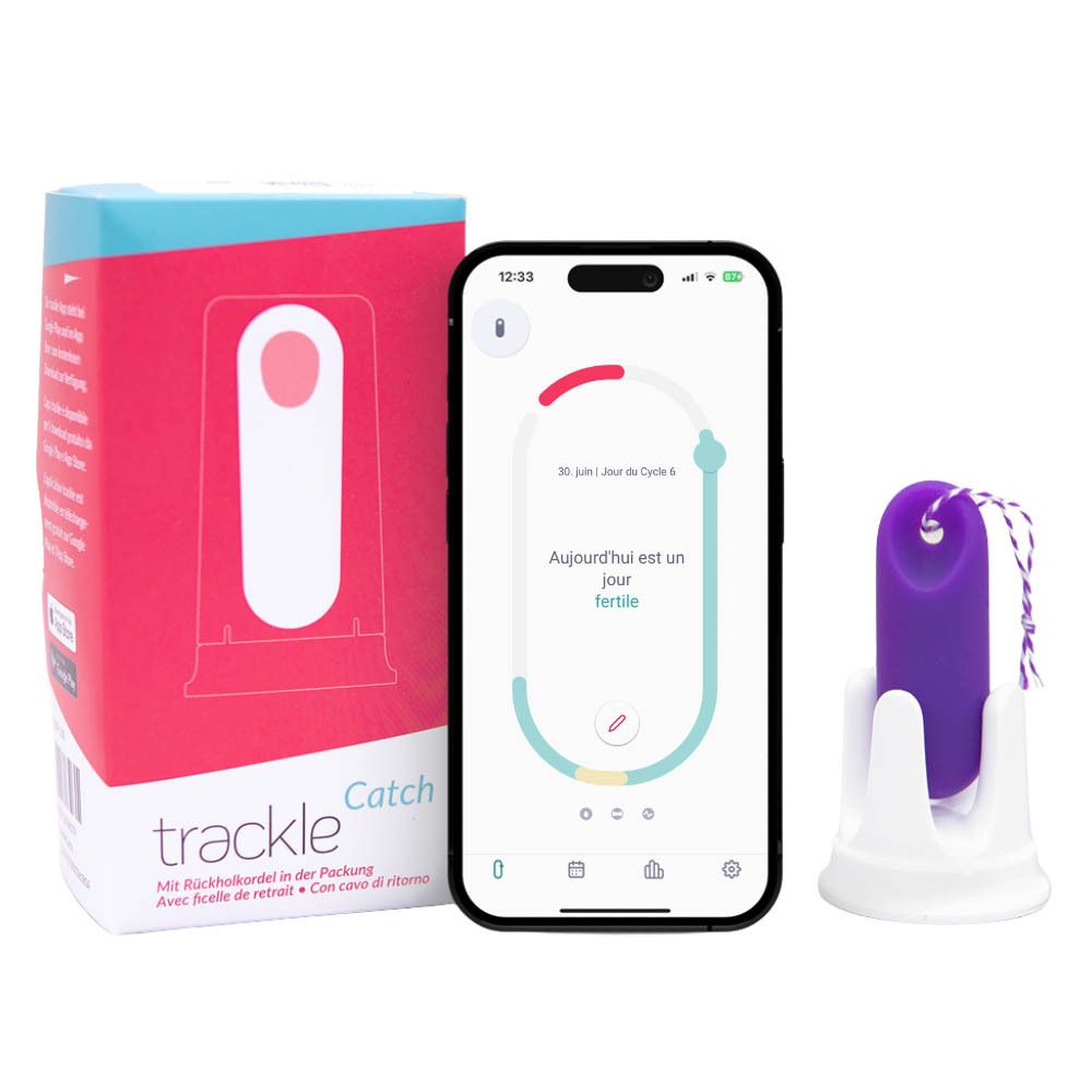 trackleCatch, smartphone, support et emballage. Capteur violet, support blanc.