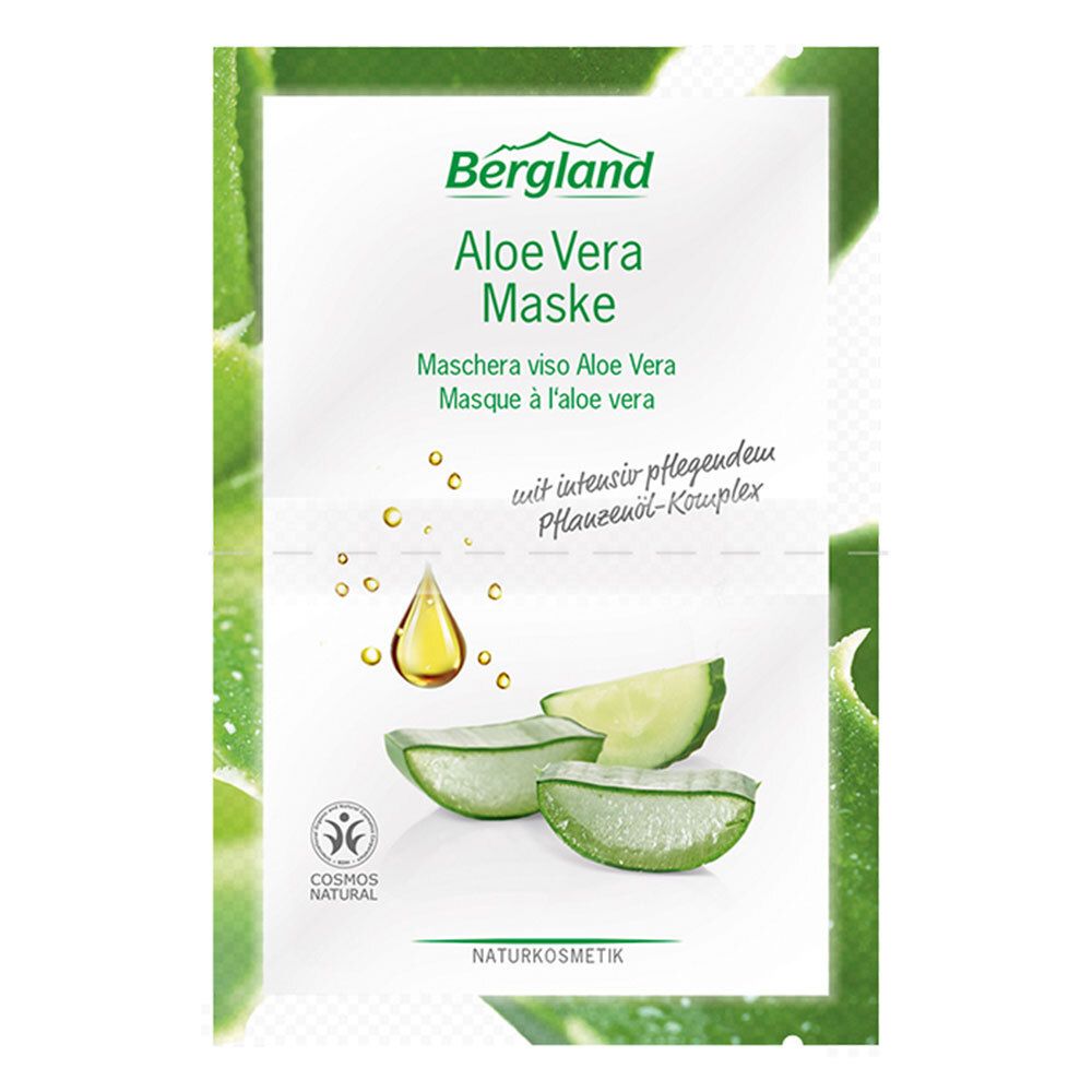 Masque facial à l'aloe vera Bergland. Emballage avec motif d'aloe vera, illustration du produit et texte. Cosmétiques naturels.