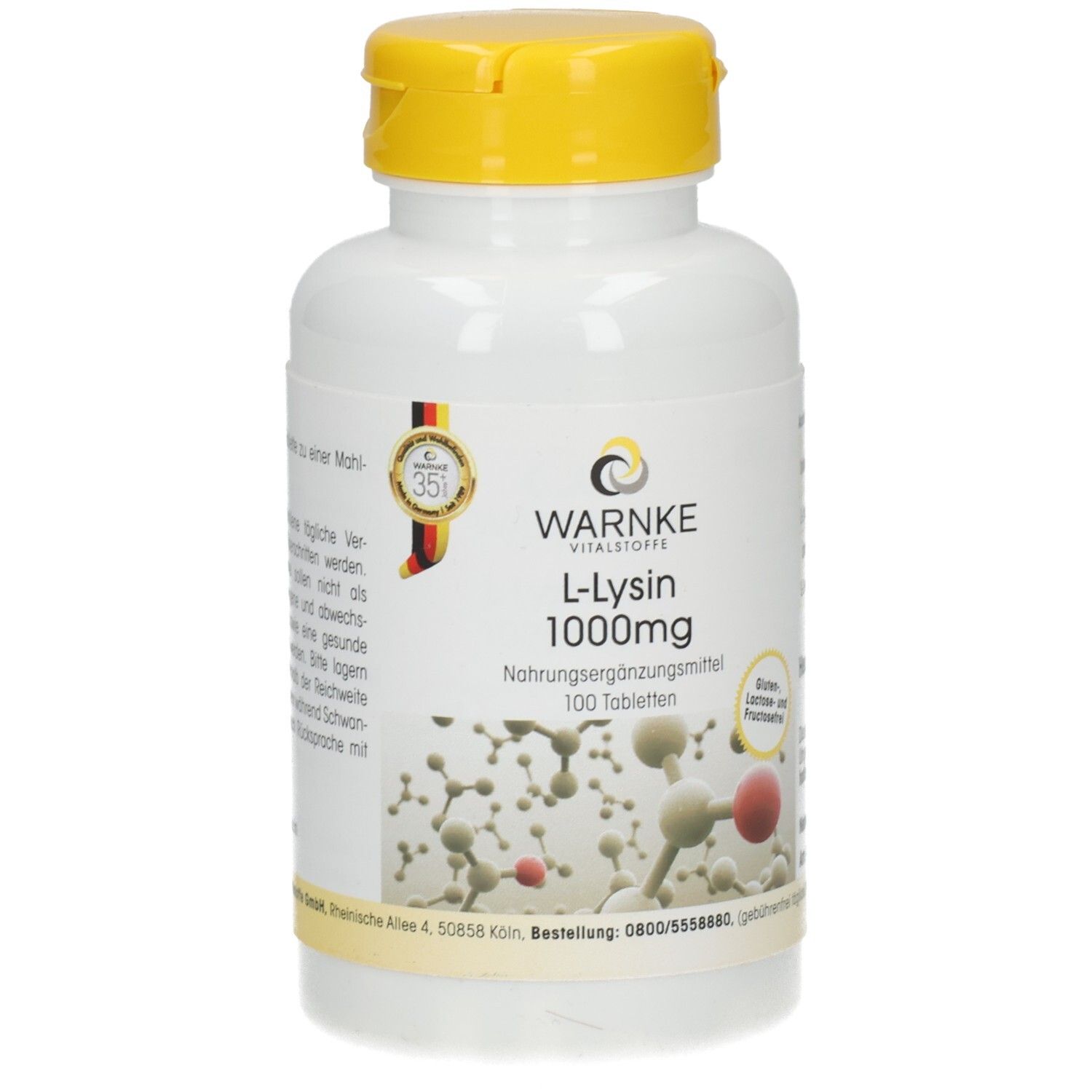 Flacon blanc avec bouchon jaune. Inscription : L-Lysine 1000mg, 100 comprimés. Marque : Warnke Vitalstoffe. Sans gluten ni lactose.