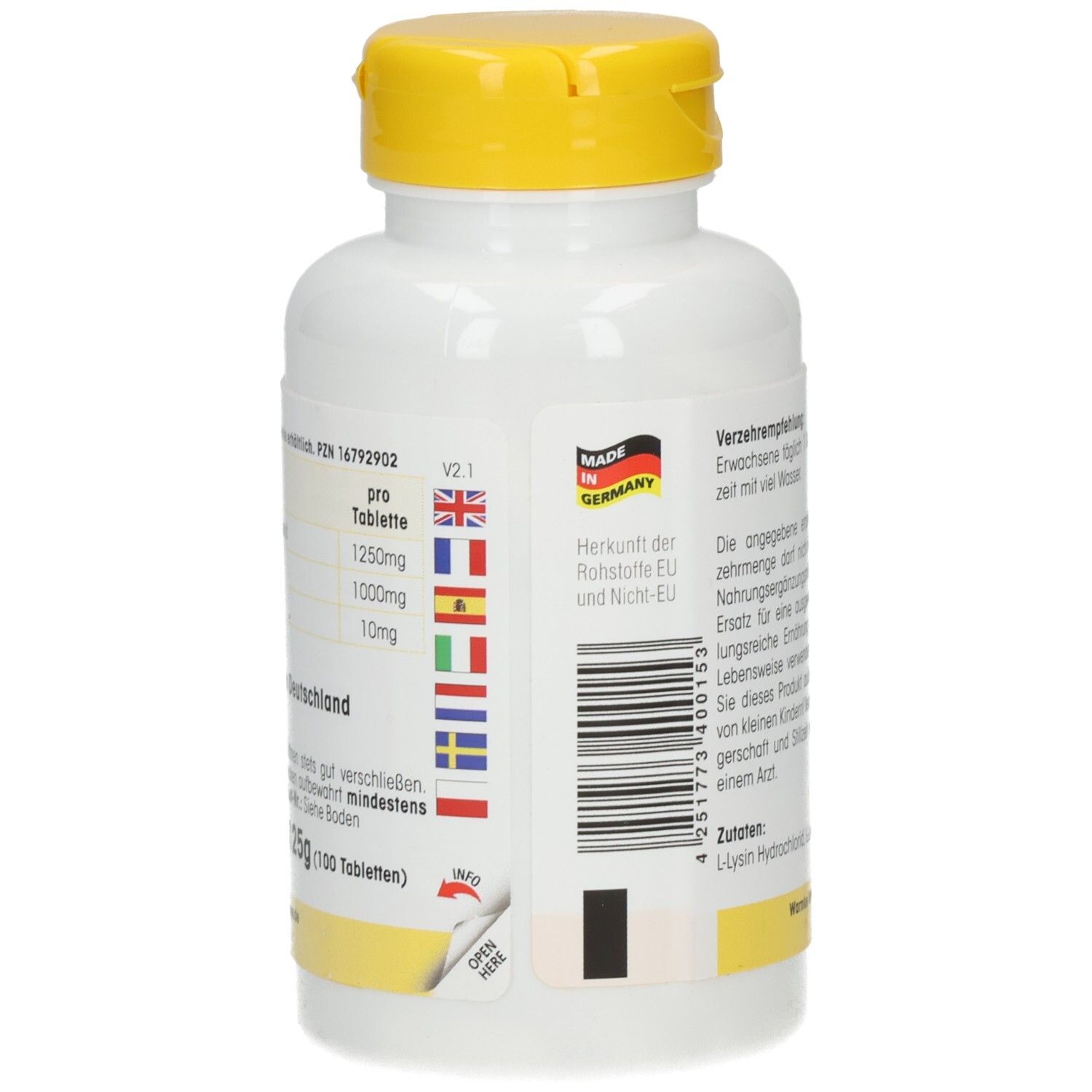 Flacon blanc avec bouchon jaune. Autocollant avec drapeaux des pays de l'UE. Fabriqué en Allemagne. Warnke Vitalstoffe GmbH.
